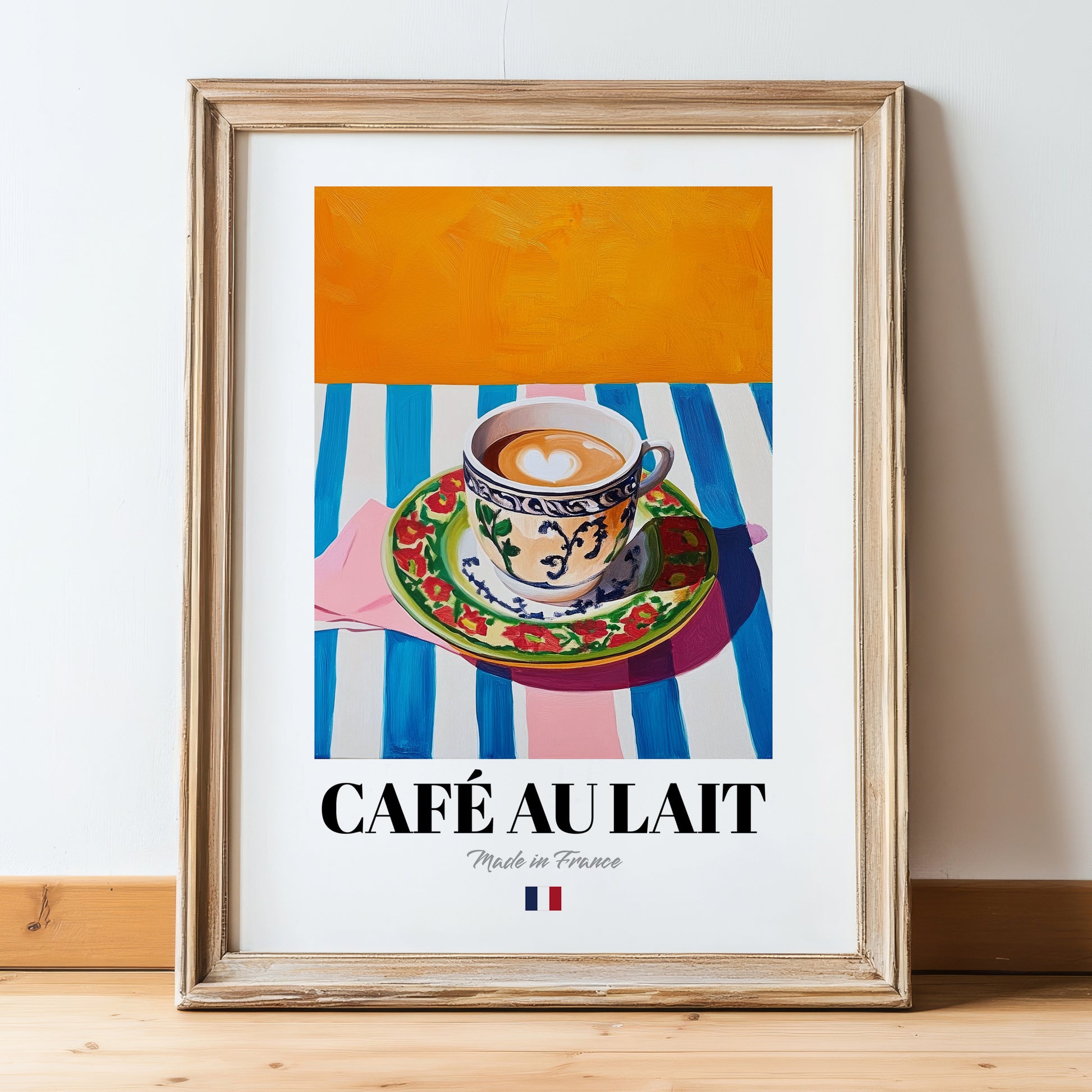 Café au Lait – French Coffee, Café Wall Art, in wooden frame leaning on the floor