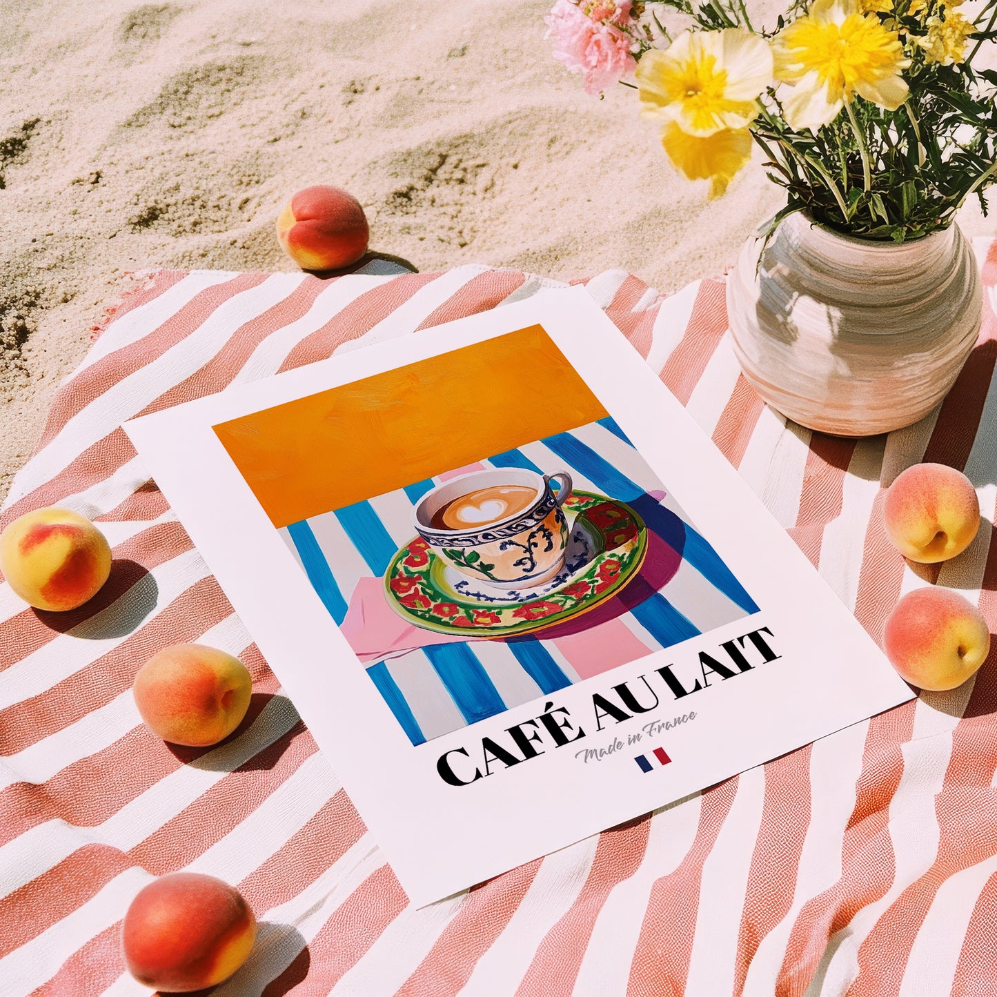 Café au Lait – French Coffee, Café Wall Art, unframed on coastal sand