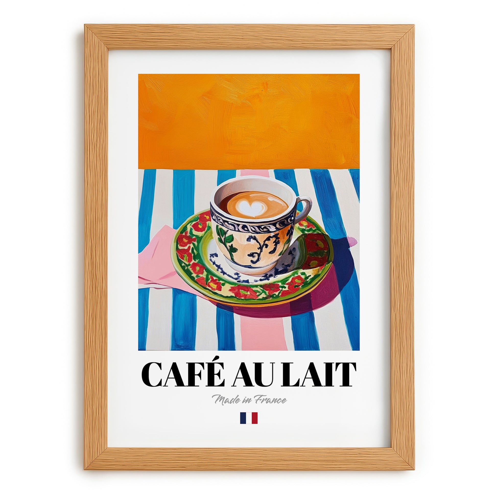 Café au Lait – French Coffee, Café Wall Art, set in oak frame