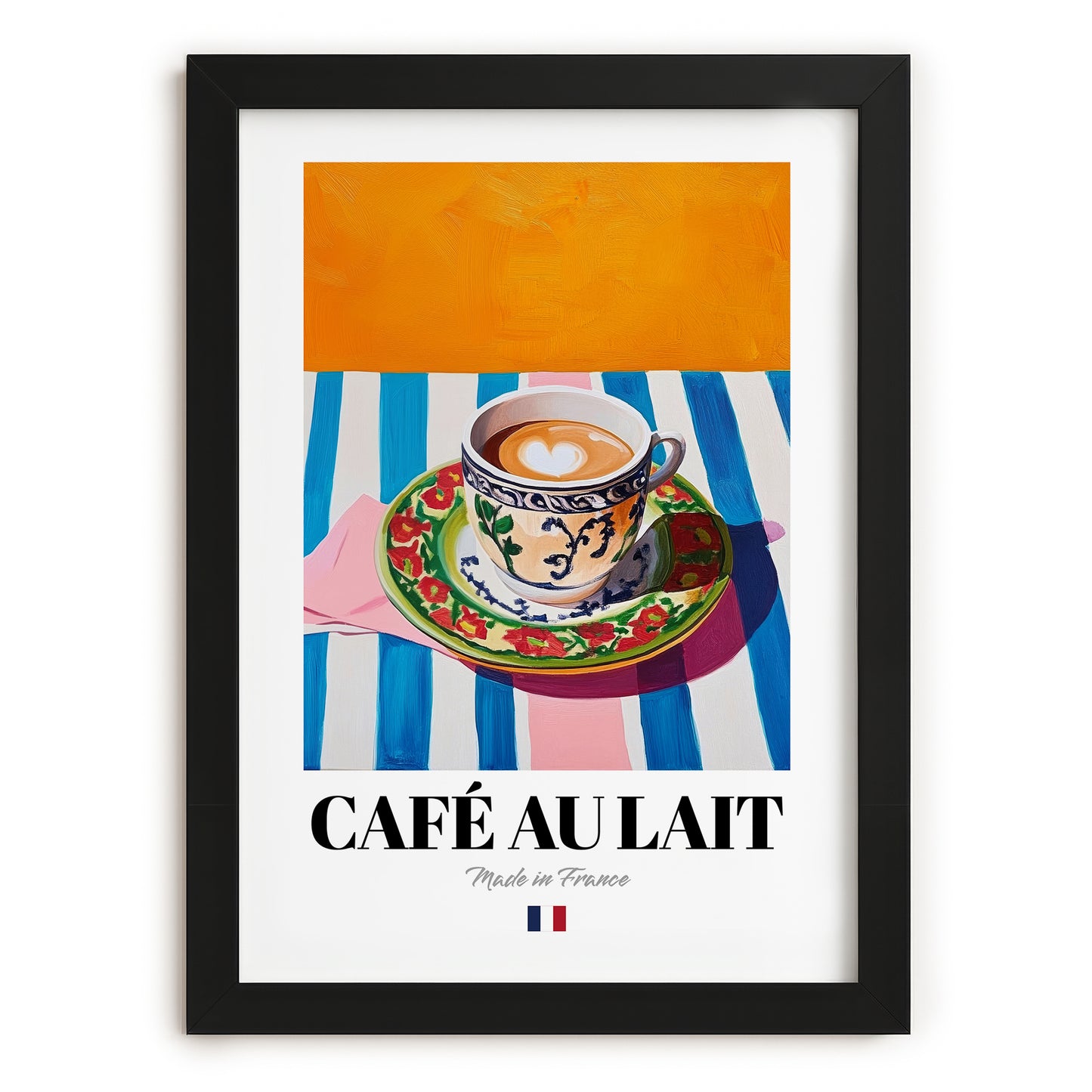 Café au Lait – French Coffee, Café Wall Art, in sleek black frame