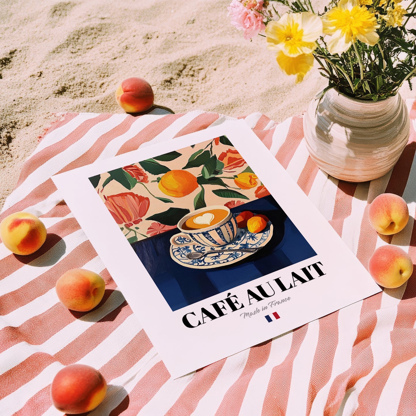 Café au Lait – French Coffee, Café Painting, unframed on coastal sand
