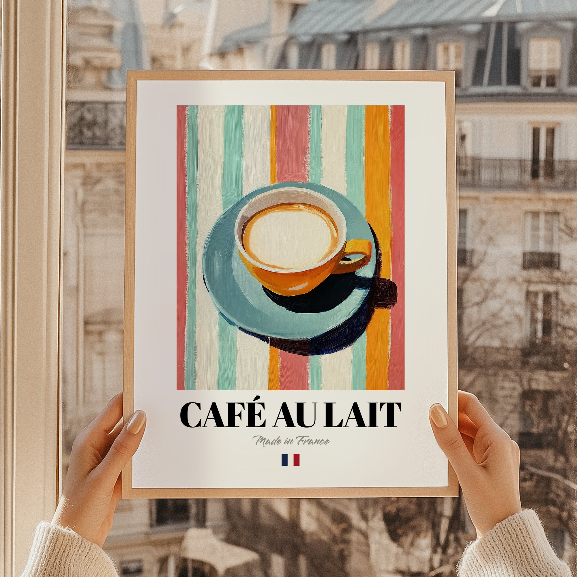 Café au Lait – French Coffee, Coffeehouse Wall Art, styled in a charming Paris street view