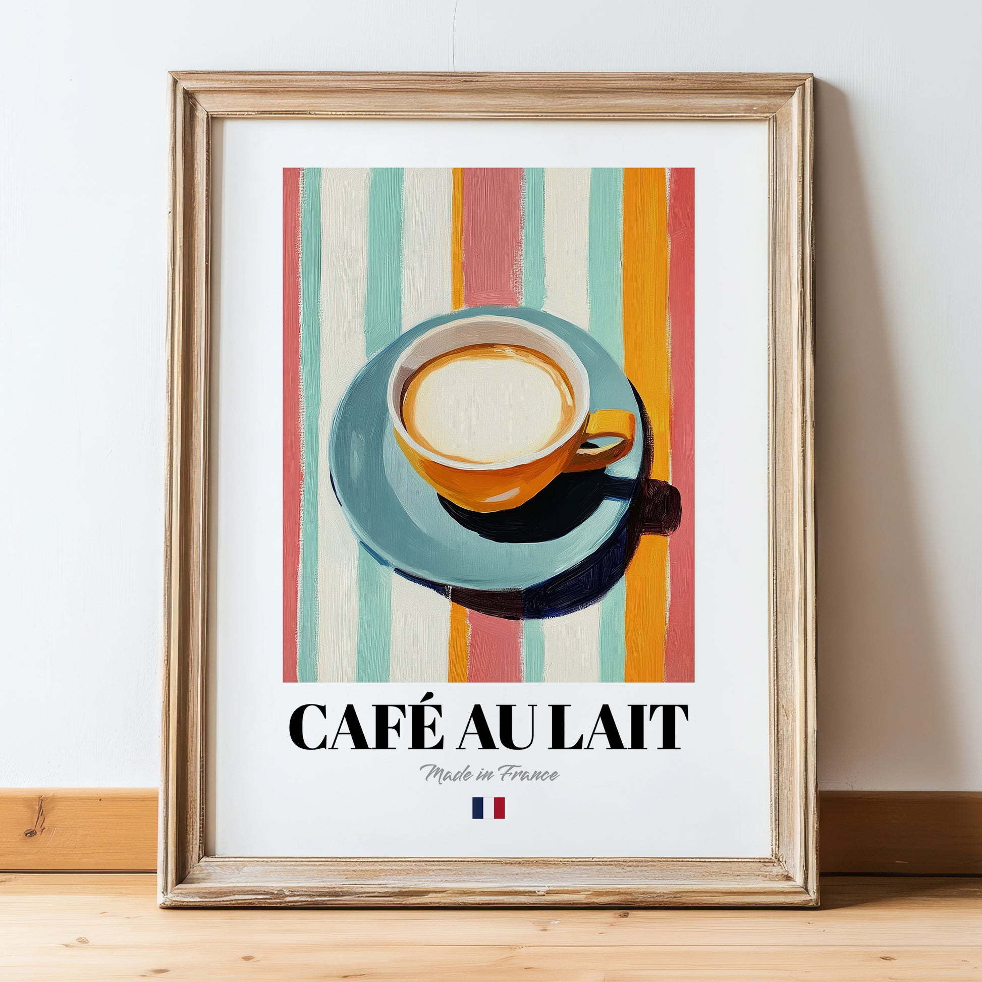 Café au Lait – French Coffee, Coffeehouse Wall Art, in wooden frame leaning on the floor