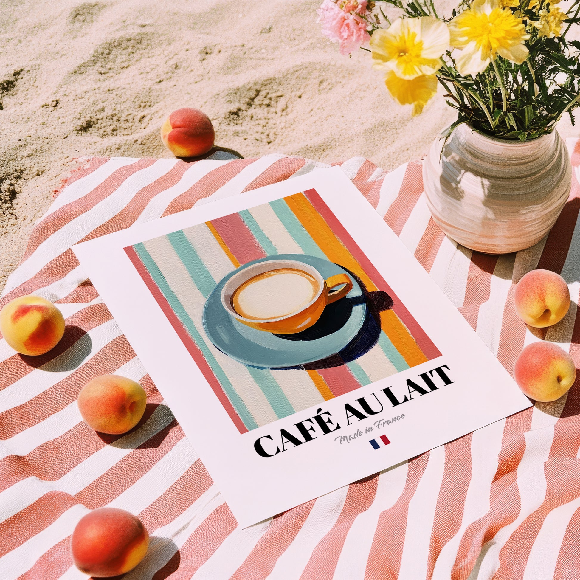 Café au Lait – French Coffee, Coffeehouse Wall Art, unframed on coastal sand