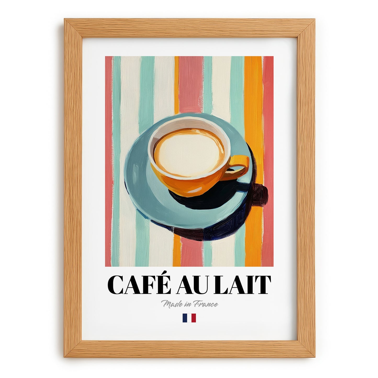Café au Lait – French Coffee, Coffeehouse Wall Art, set in oak frame