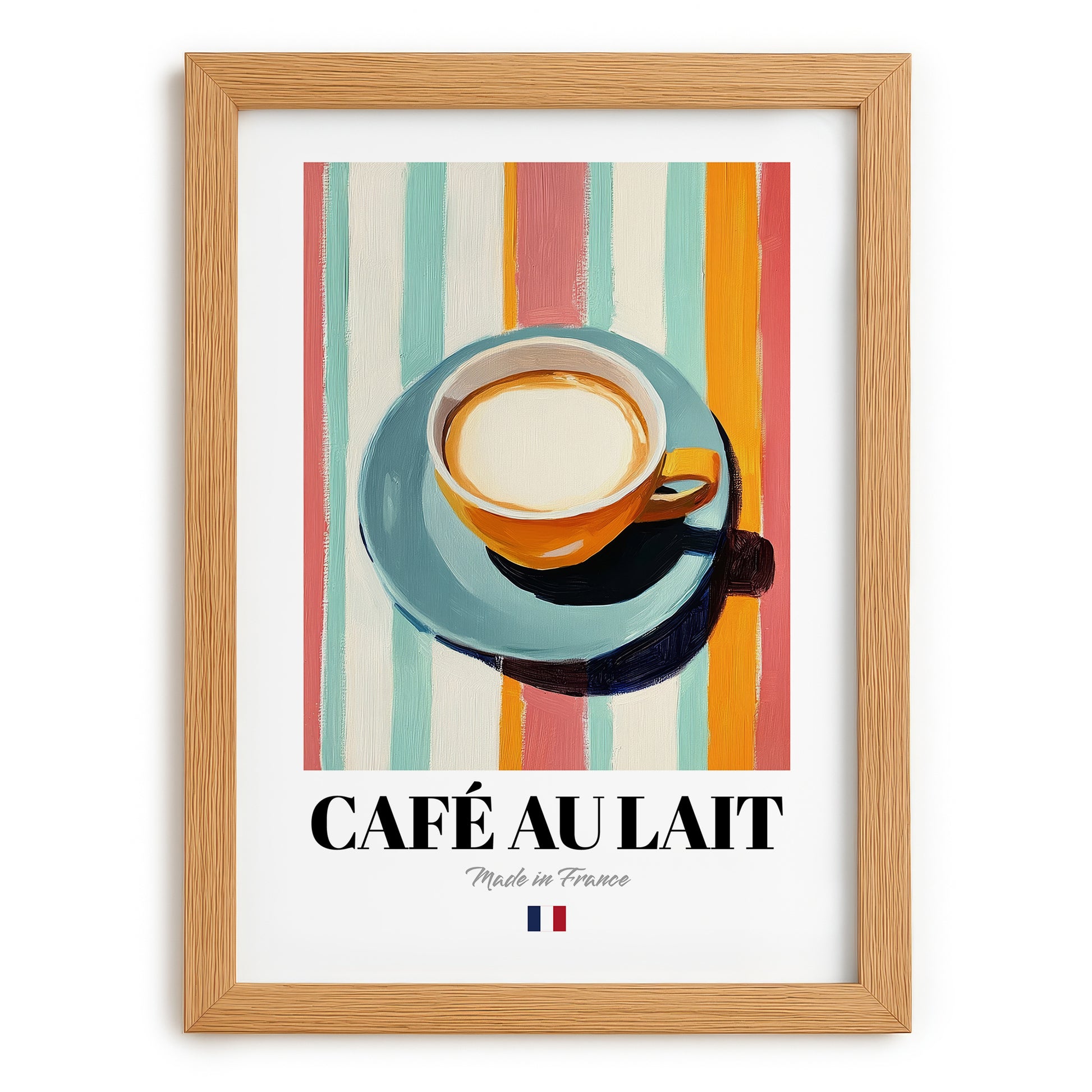 Café au Lait – French Coffee, Coffeehouse Wall Art, set in oak frame