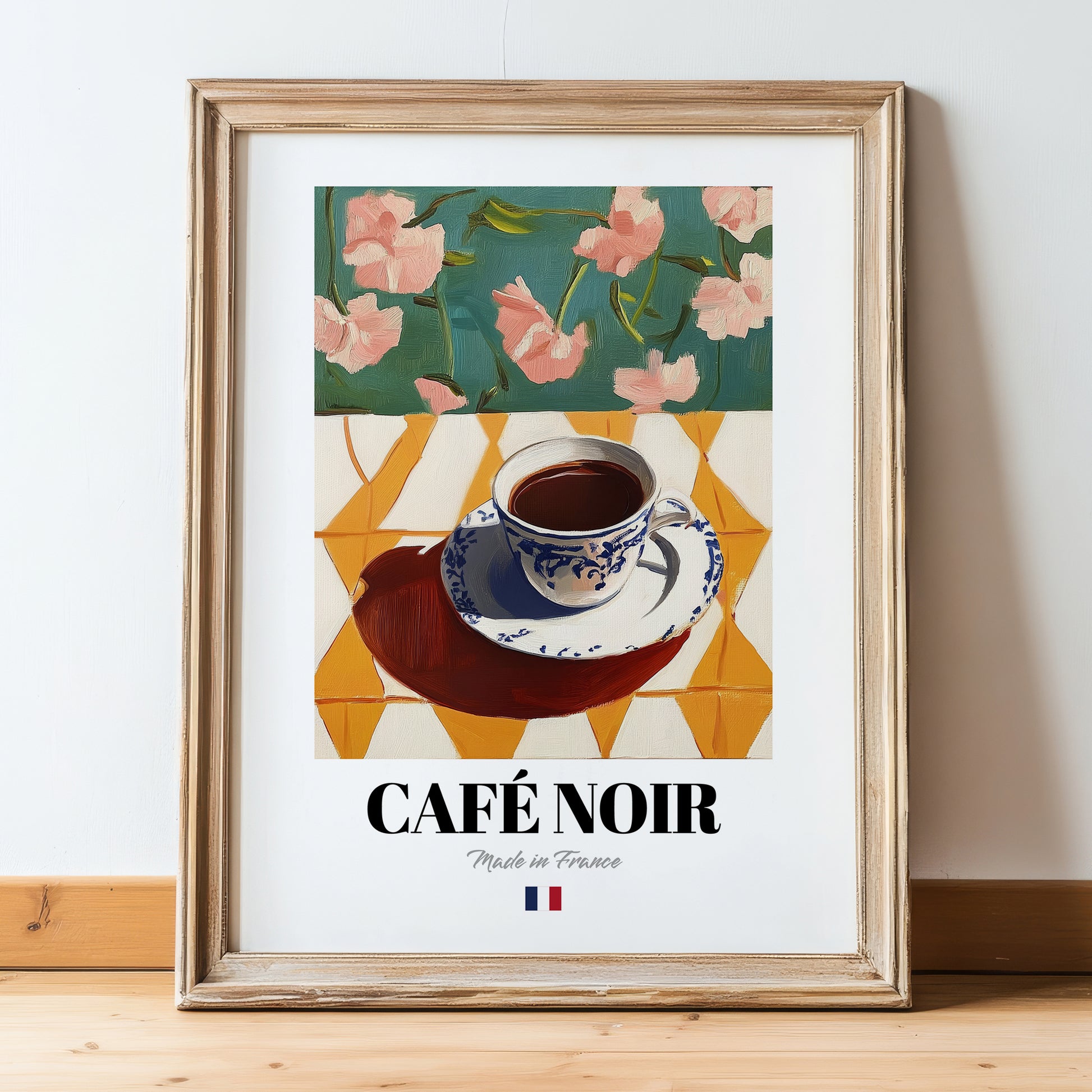 Café Noir – French Coffee, Book Café Poster, in wooden frame leaning on the floor