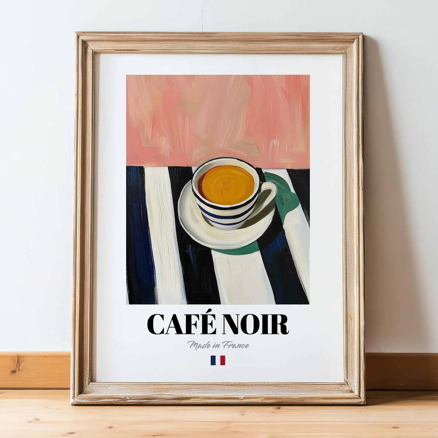 Café Noir – French Coffee, Konditorei Poster, in wooden frame leaning on the floor