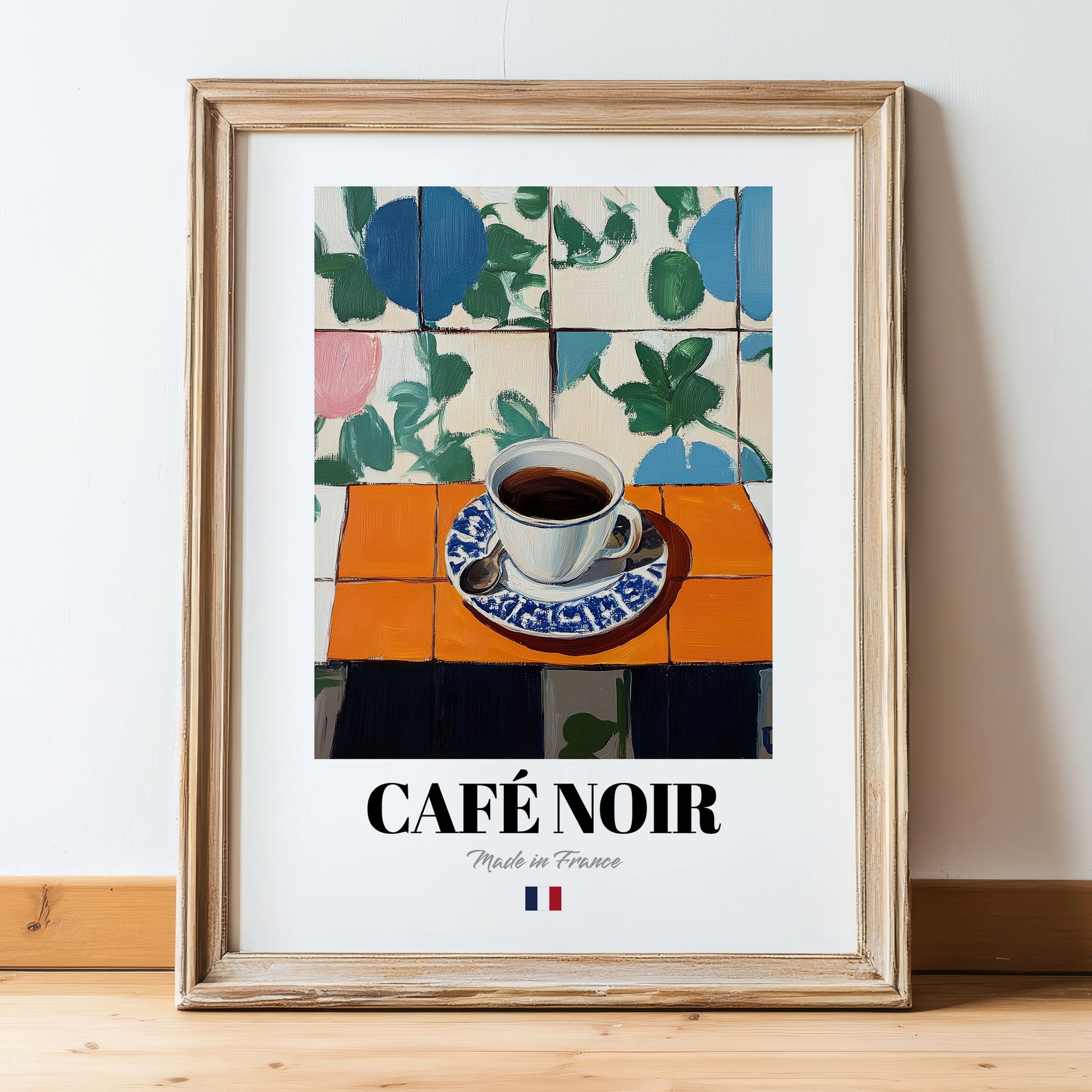 Café Noir – French Coffee, Espresso Bar Art, in wooden frame leaning on the floor