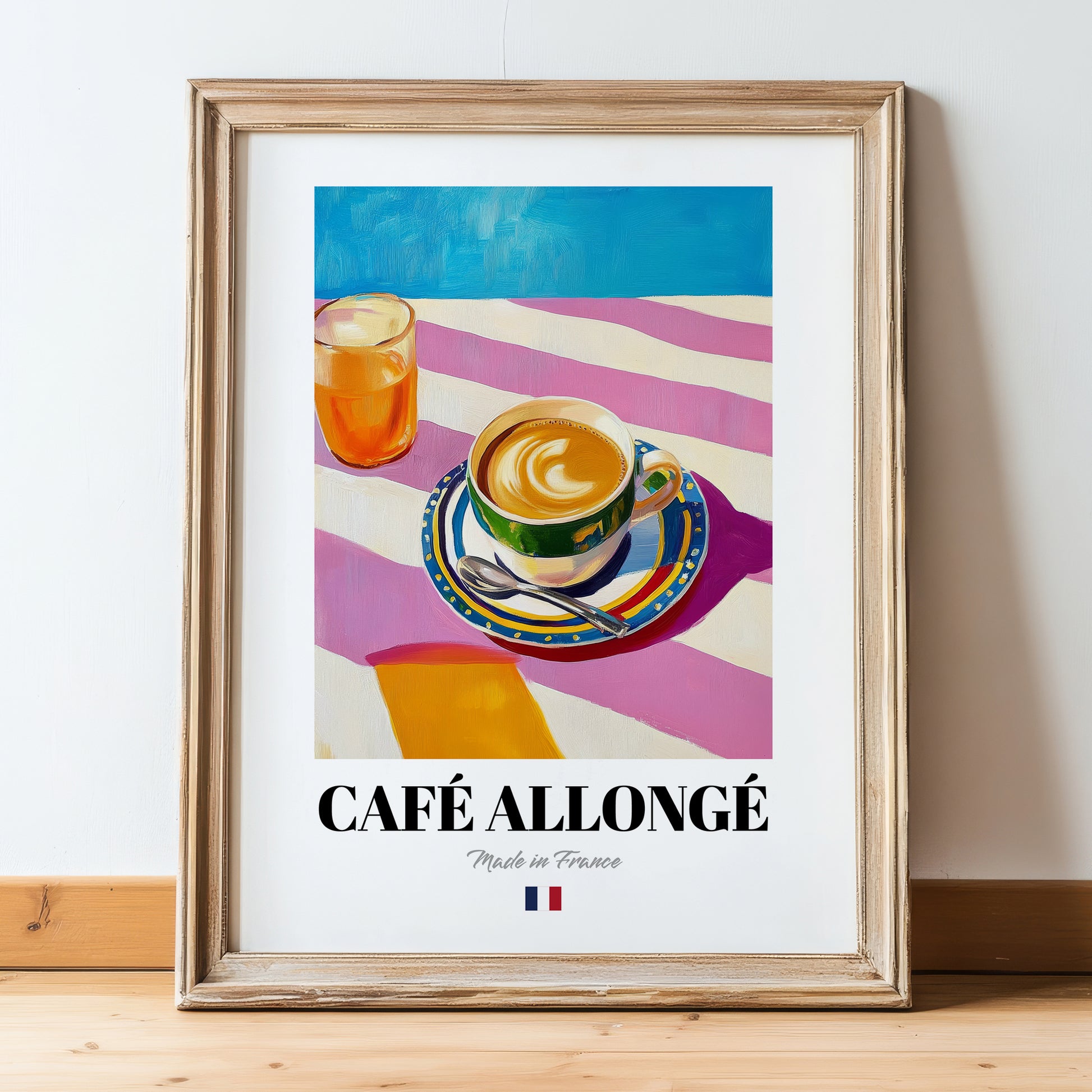 Café Allongé – French Coffee, Coffeehouse Poster, in wooden frame leaning on the floor