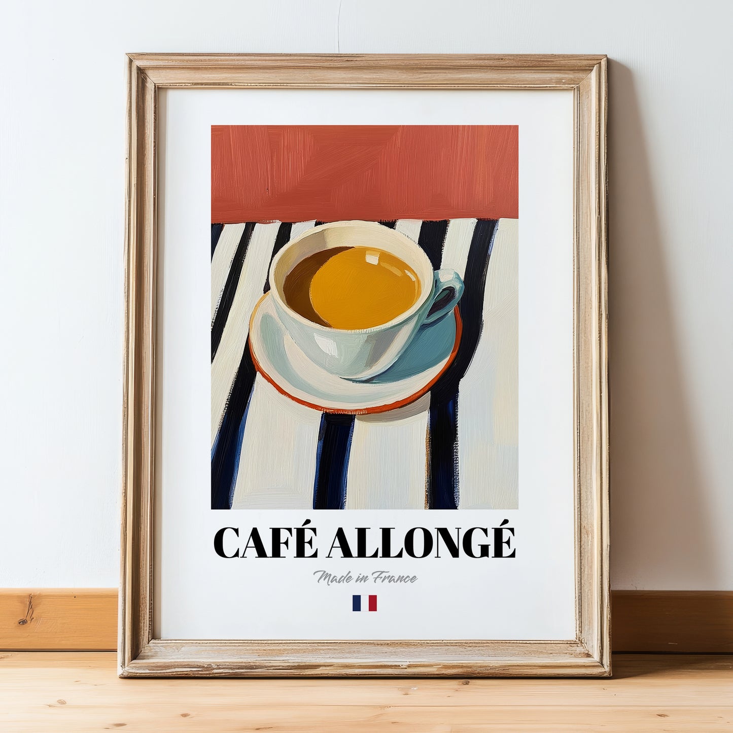 Café Allongé – French Coffee, Book Café Wall Decor, in wooden frame leaning on the floor
