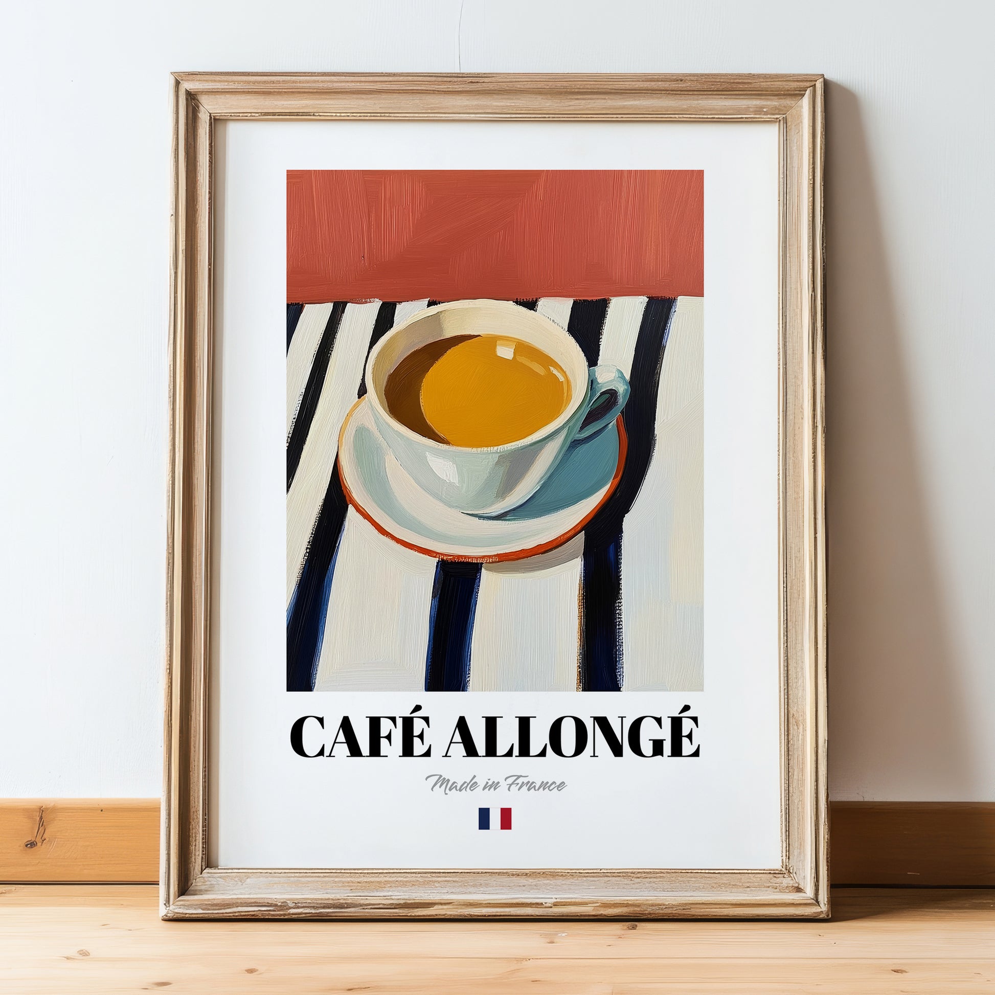 Café Allongé – French Coffee, Book Café Wall Decor, in wooden frame leaning on the floor