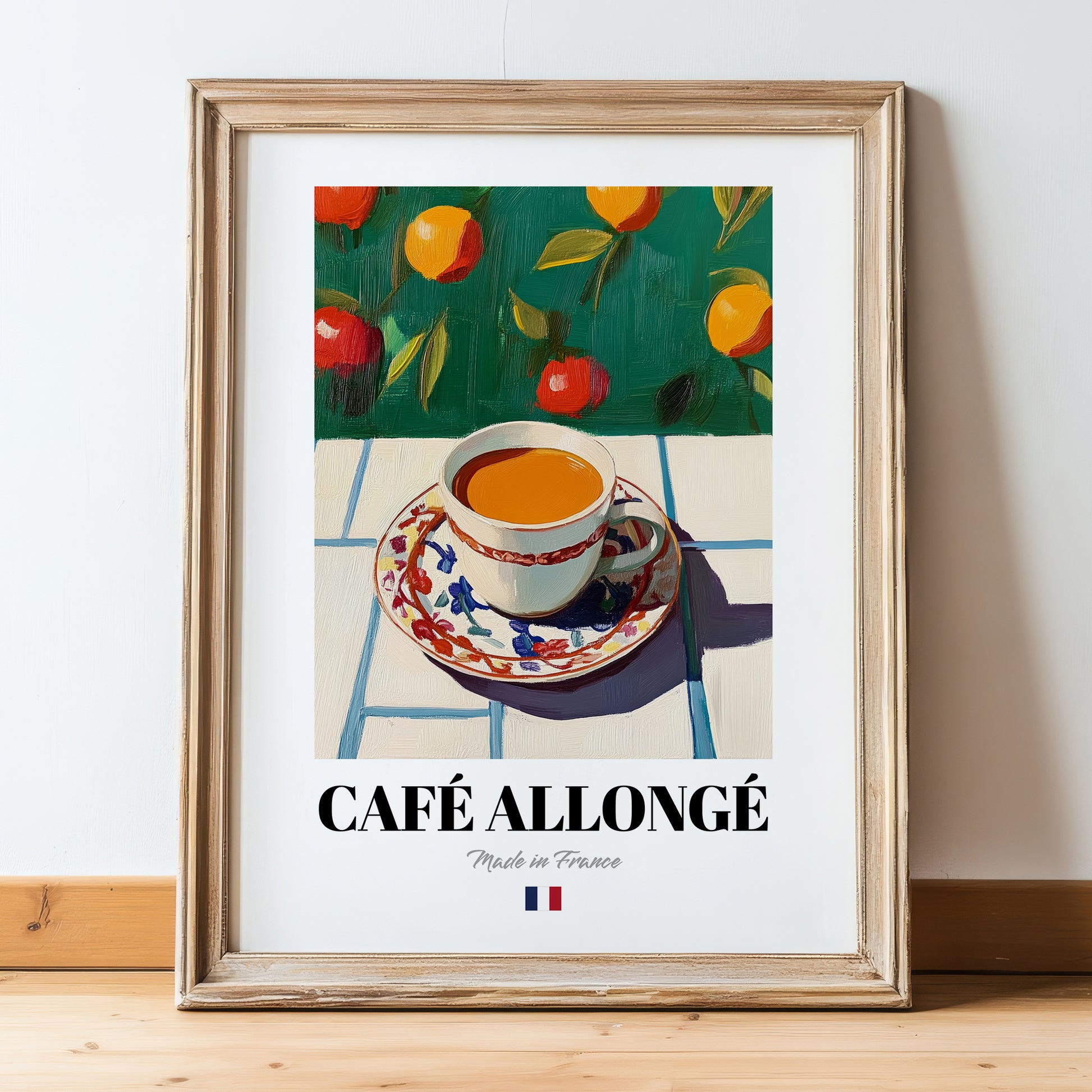 Café Allongé – French Coffee, Street Café Wall Art, in wooden frame leaning on the floor