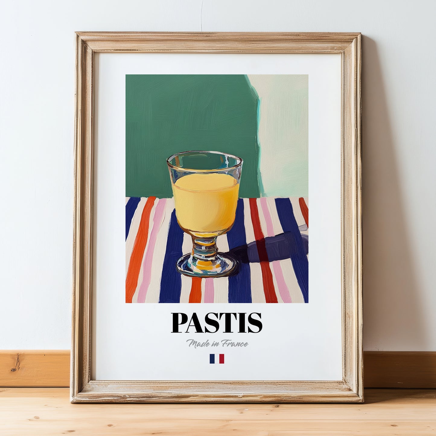 Pastis – French Spirit Drink, Rooftop Terrace Still Life, in wooden frame leaning on the floor