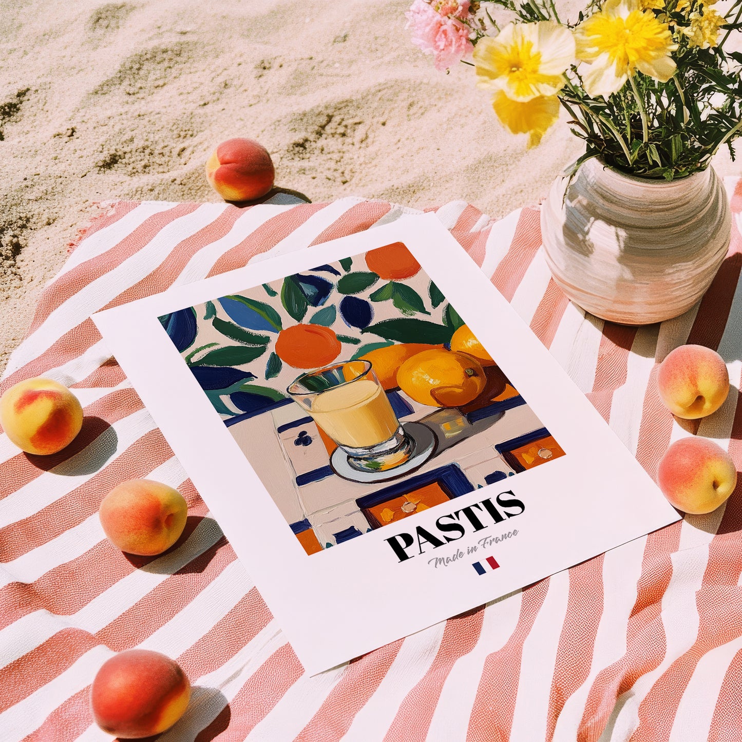 Pastis – French Spirit Drink, Rooftop Terrace Wall Art, unframed on coastal sand
