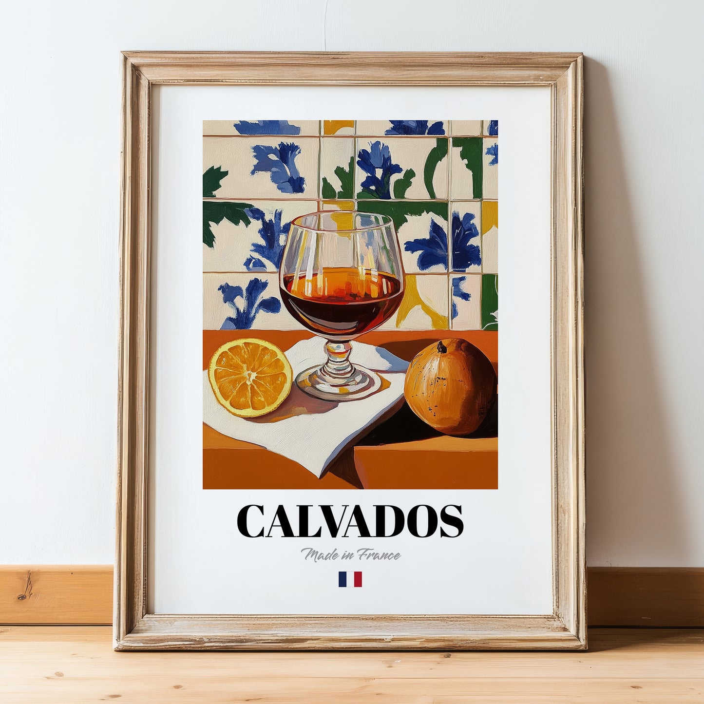 Calvados – French Spirit Drink, Hotel Lobby Still Life, in wooden frame leaning on the floor