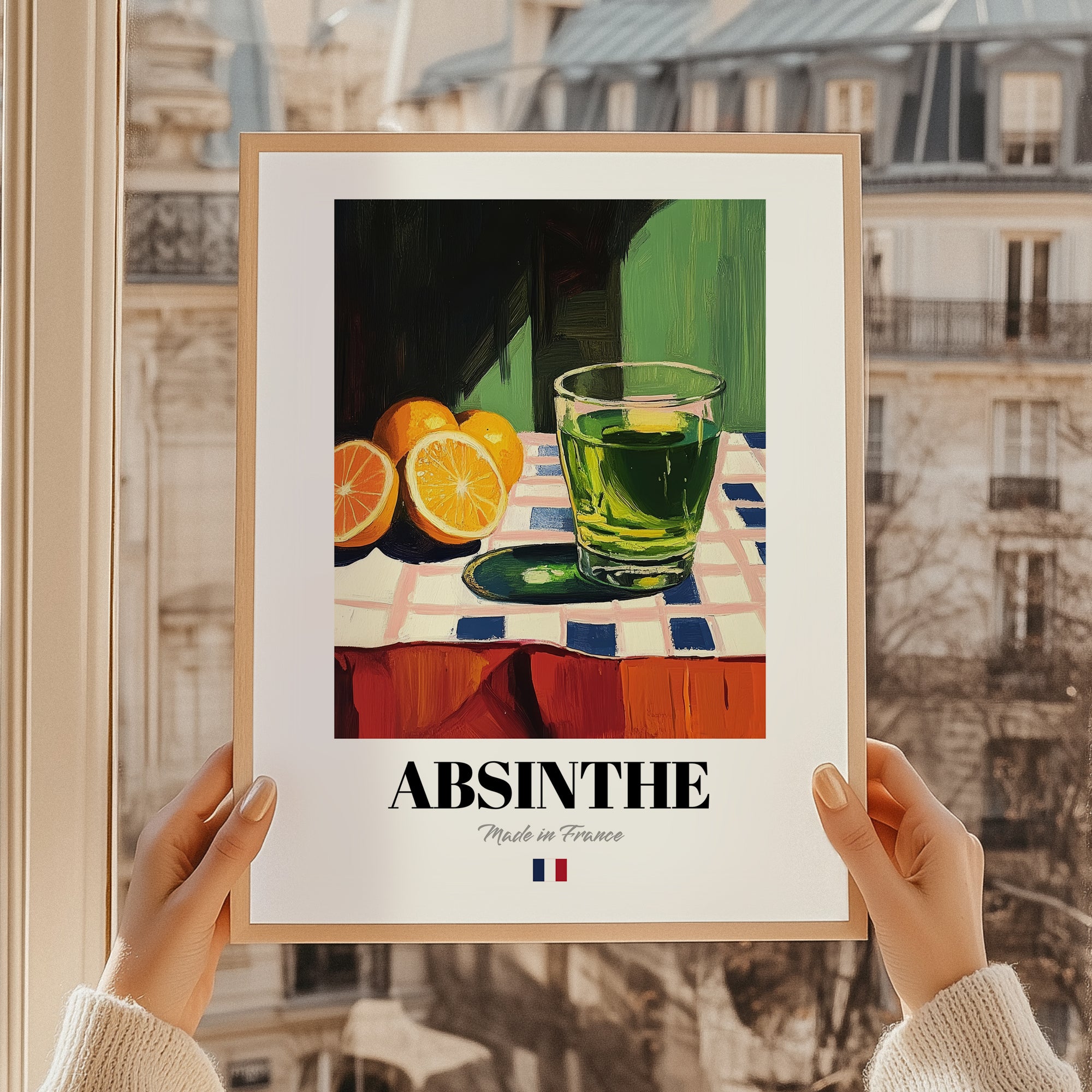 Absinthe – French Spirit Drink, Rooftop Terrace Wall Art, styled in a charming Paris street view