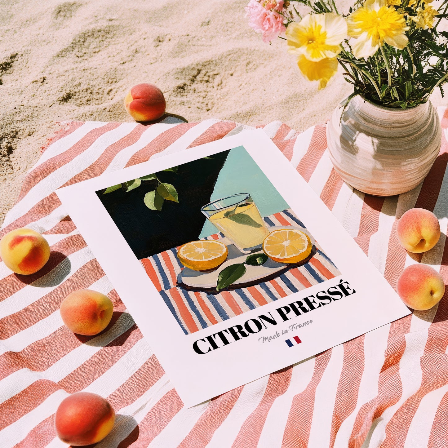 Citron Pressé – French Beverage Drink, Jazz Bar Illustration, unframed on coastal sand