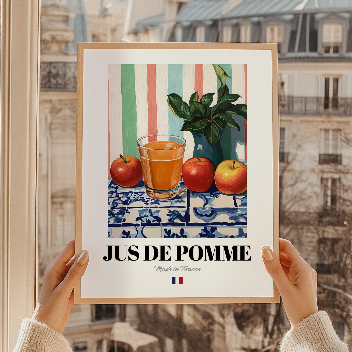 Jus de Pomme – French Beverage Drink, Jazz Bar Poster, styled in a charming Paris street view