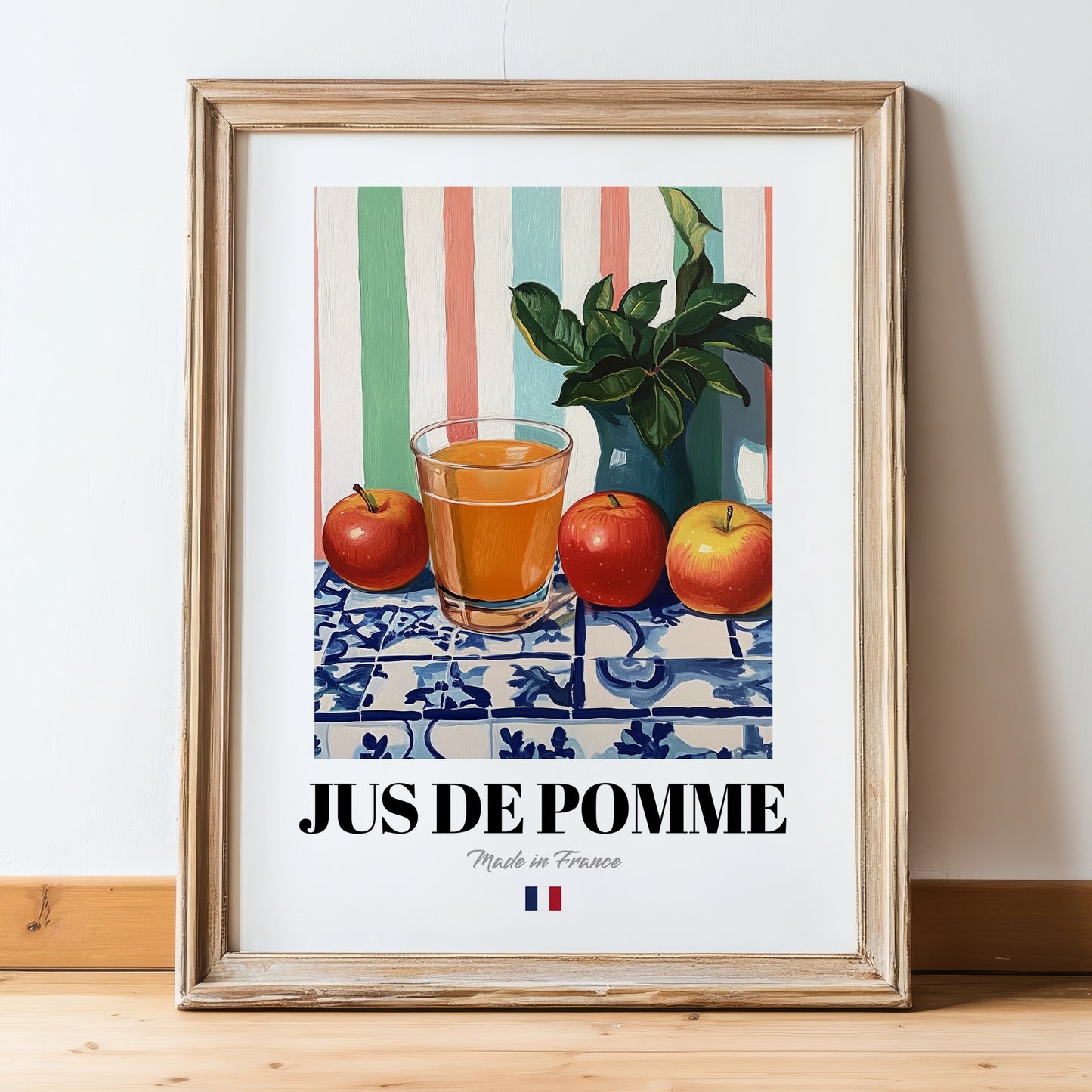 Jus de Pomme – French Beverage Drink, Jazz Bar Poster, in wooden frame leaning on the floor