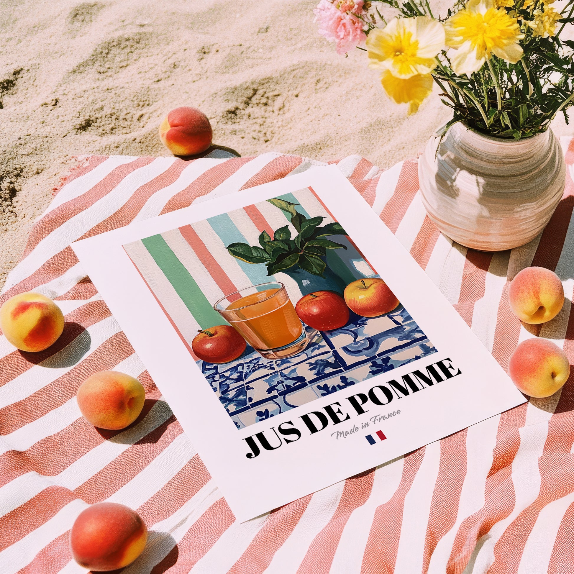 Jus de Pomme – French Beverage Drink, Jazz Bar Poster, unframed on coastal sand