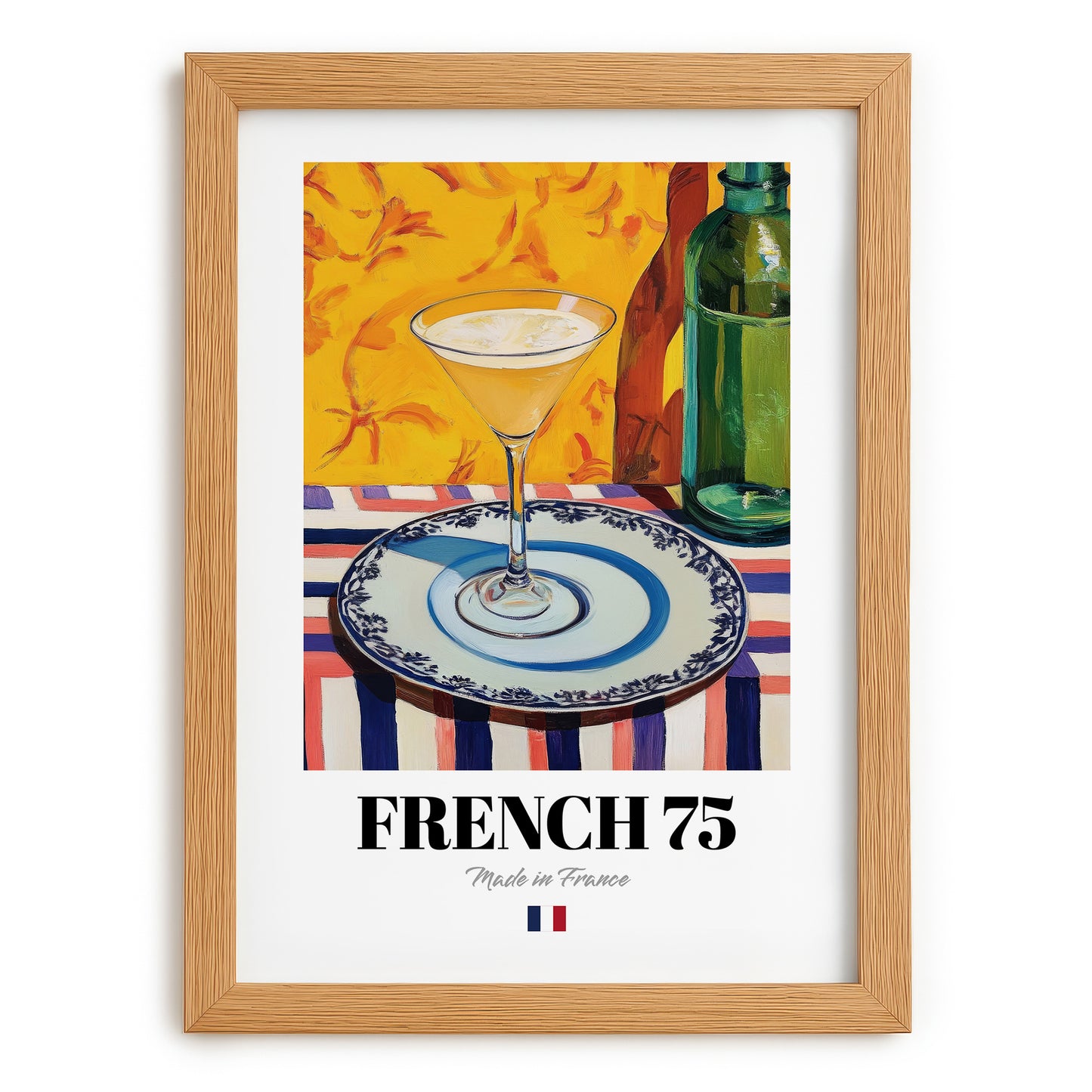 French 75 – French Cocktail Drink, Sky Bar Art, set in oak frame