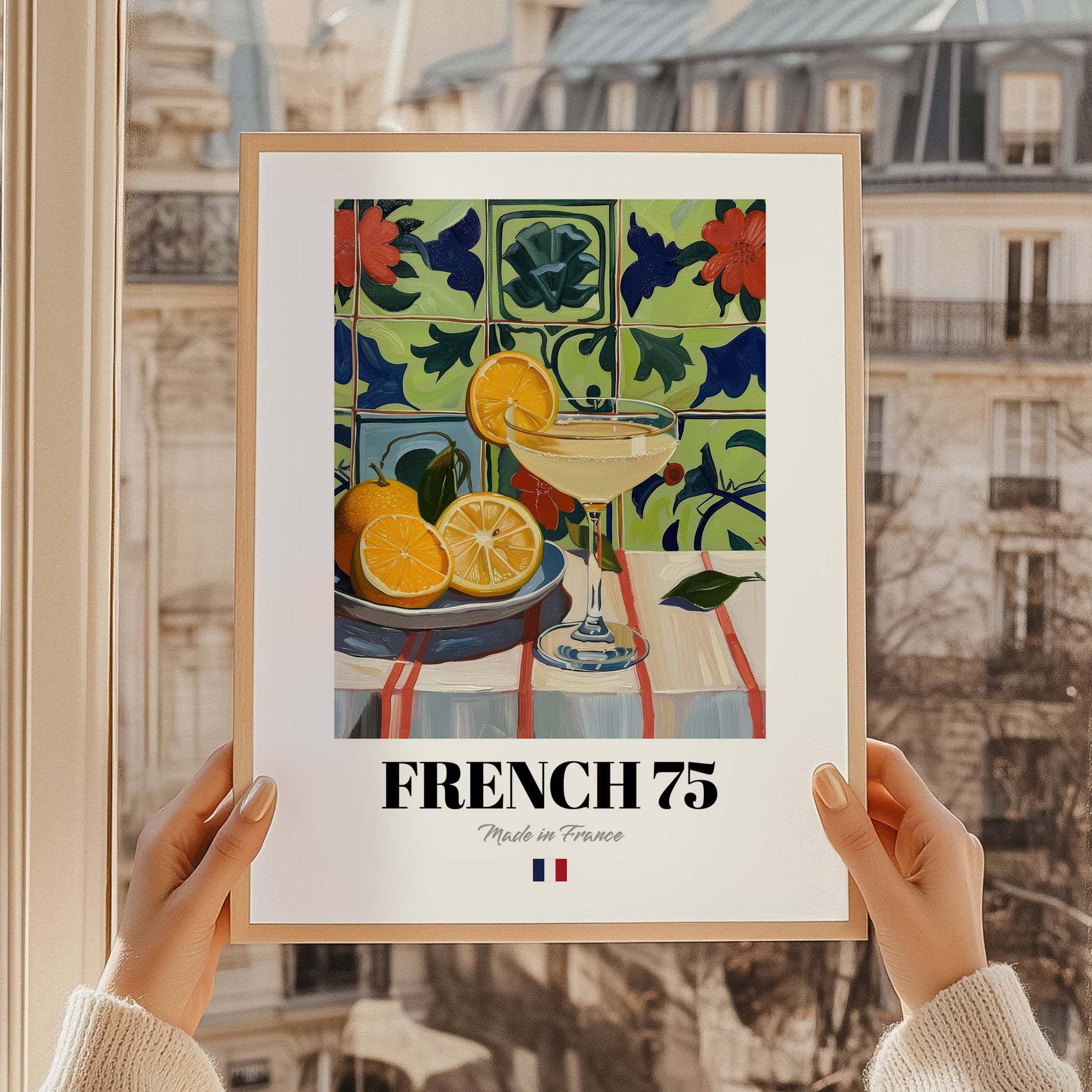 French 75 – French Cocktail Drink, Beach Bar Art, styled in a charming Paris street view