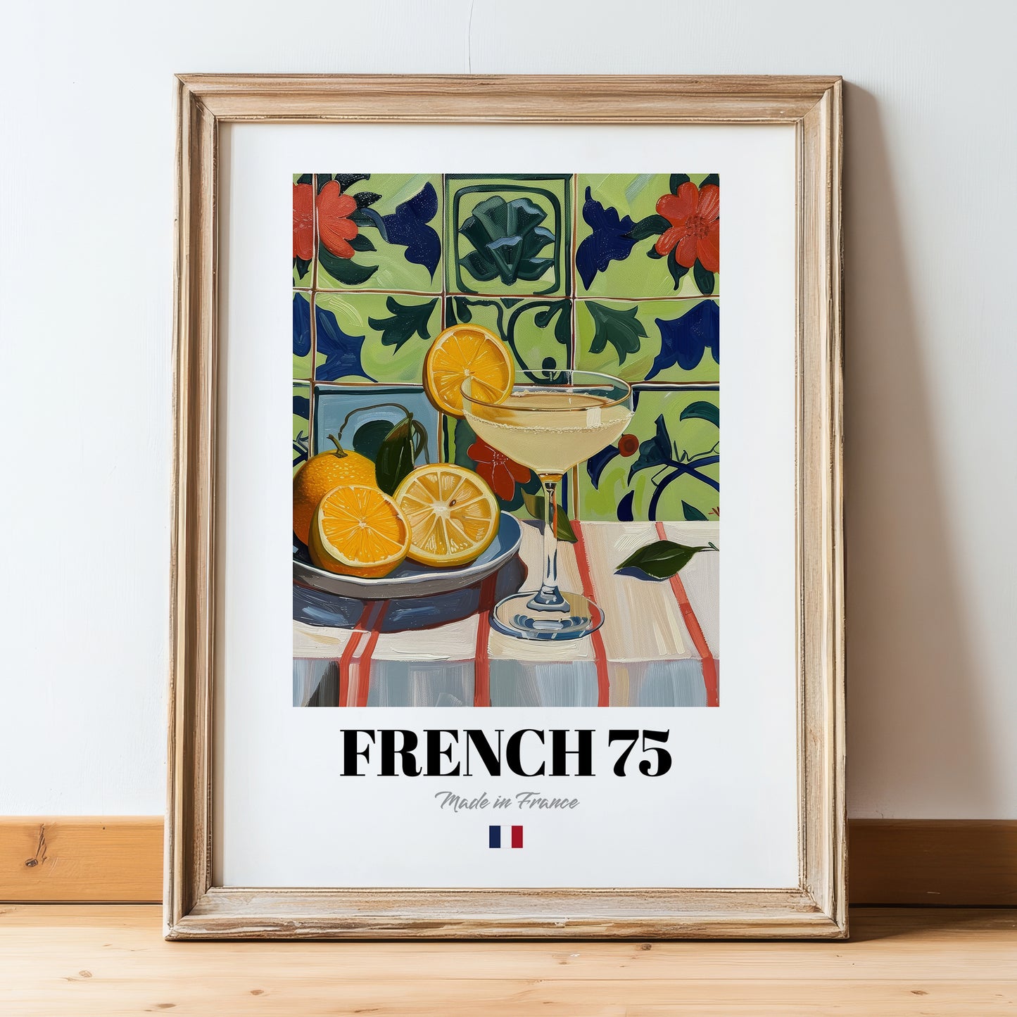 French 75 – French Cocktail Drink, Beach Bar Art, in wooden frame leaning on the floor