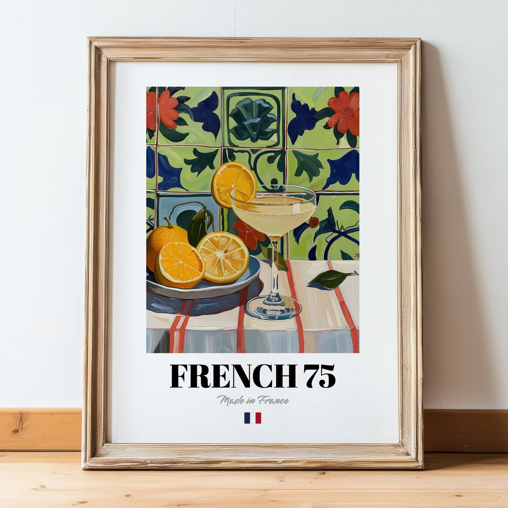 French 75 – French Cocktail Drink, Beach Bar Art, in wooden frame leaning on the floor