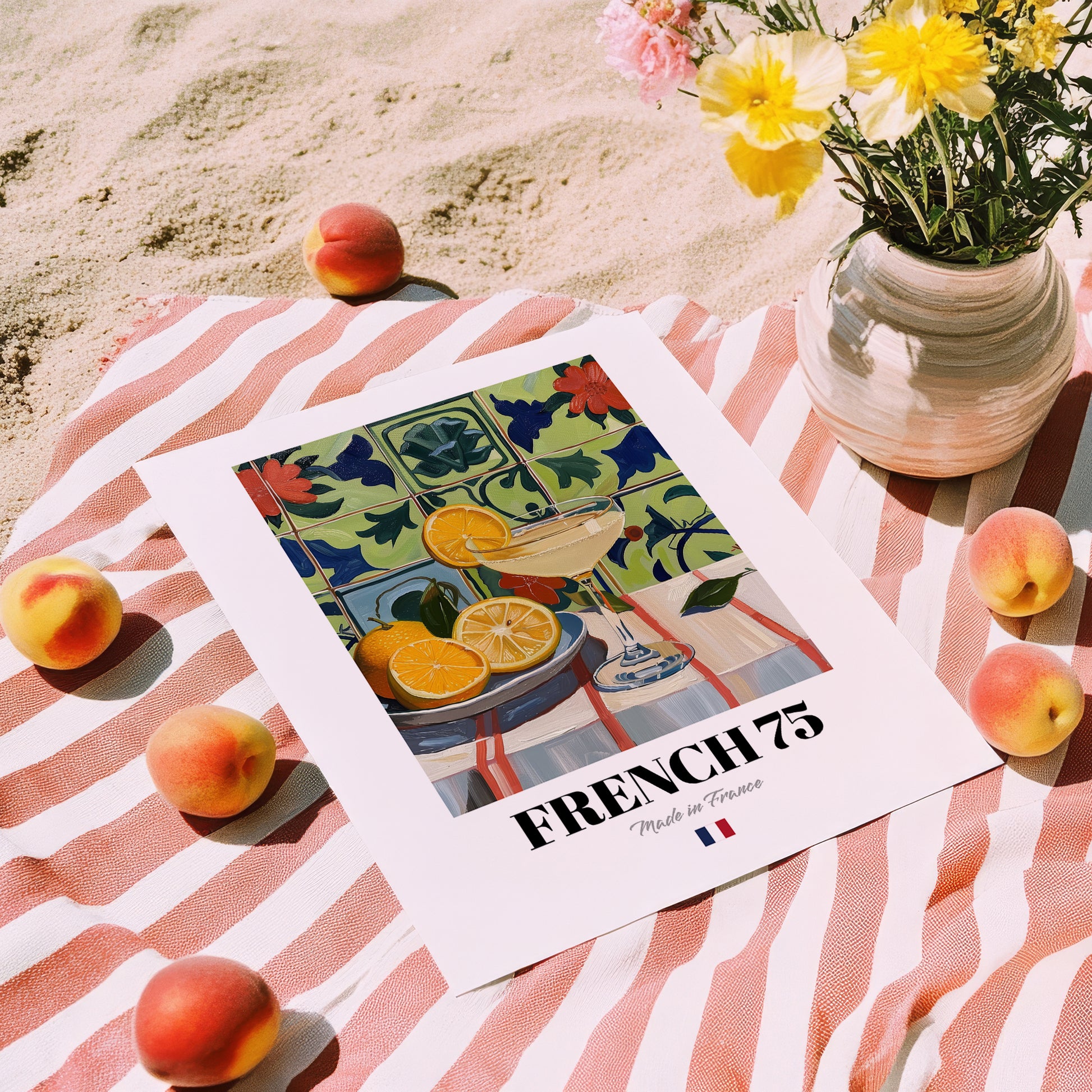 French 75 – French Cocktail Drink, Beach Bar Art, unframed on coastal sand