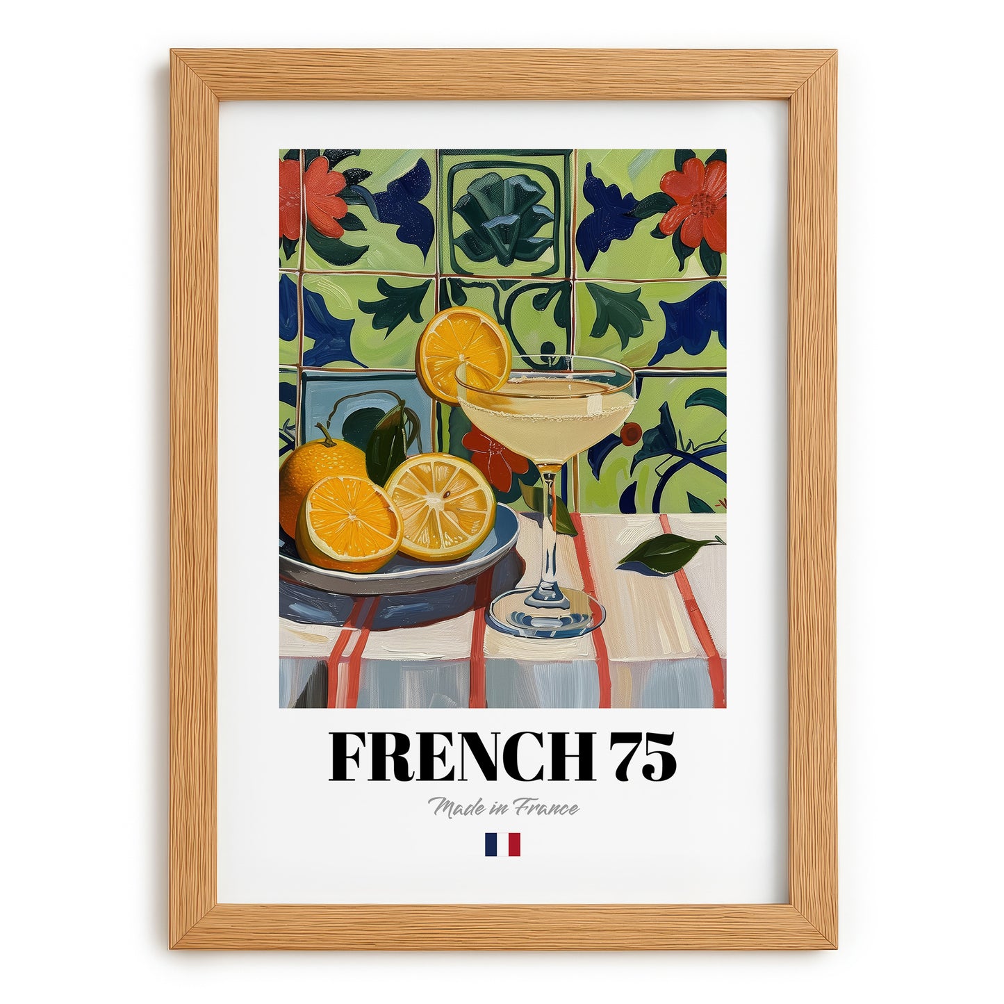 French 75 – French Cocktail Drink, Beach Bar Art, set in oak frame
