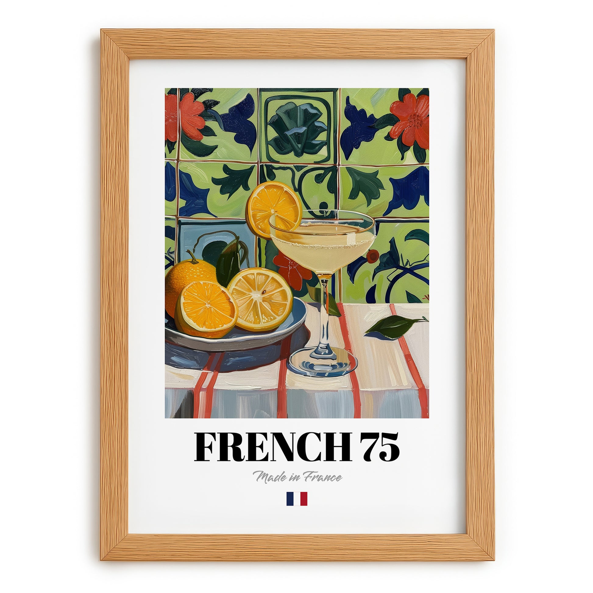 French 75 – French Cocktail Drink, Beach Bar Art, set in oak frame