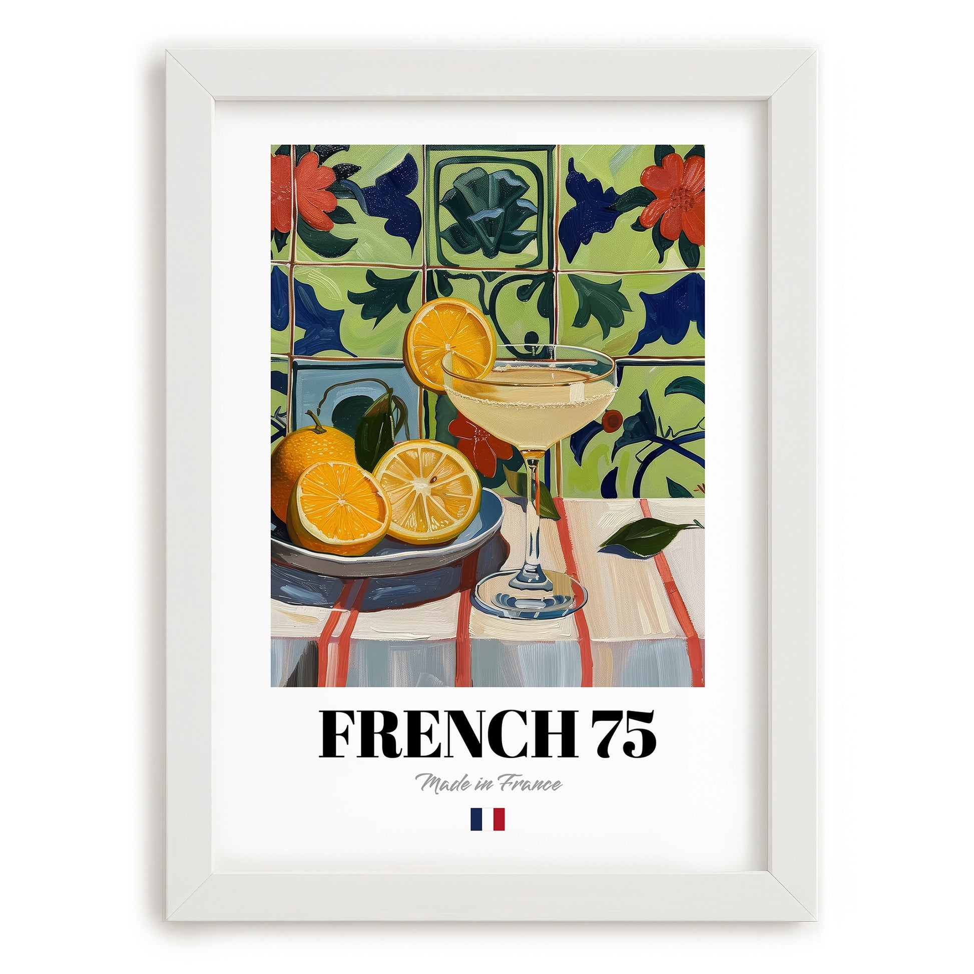 French 75 – French Cocktail Drink, Beach Bar Art, placed in minimal white frame