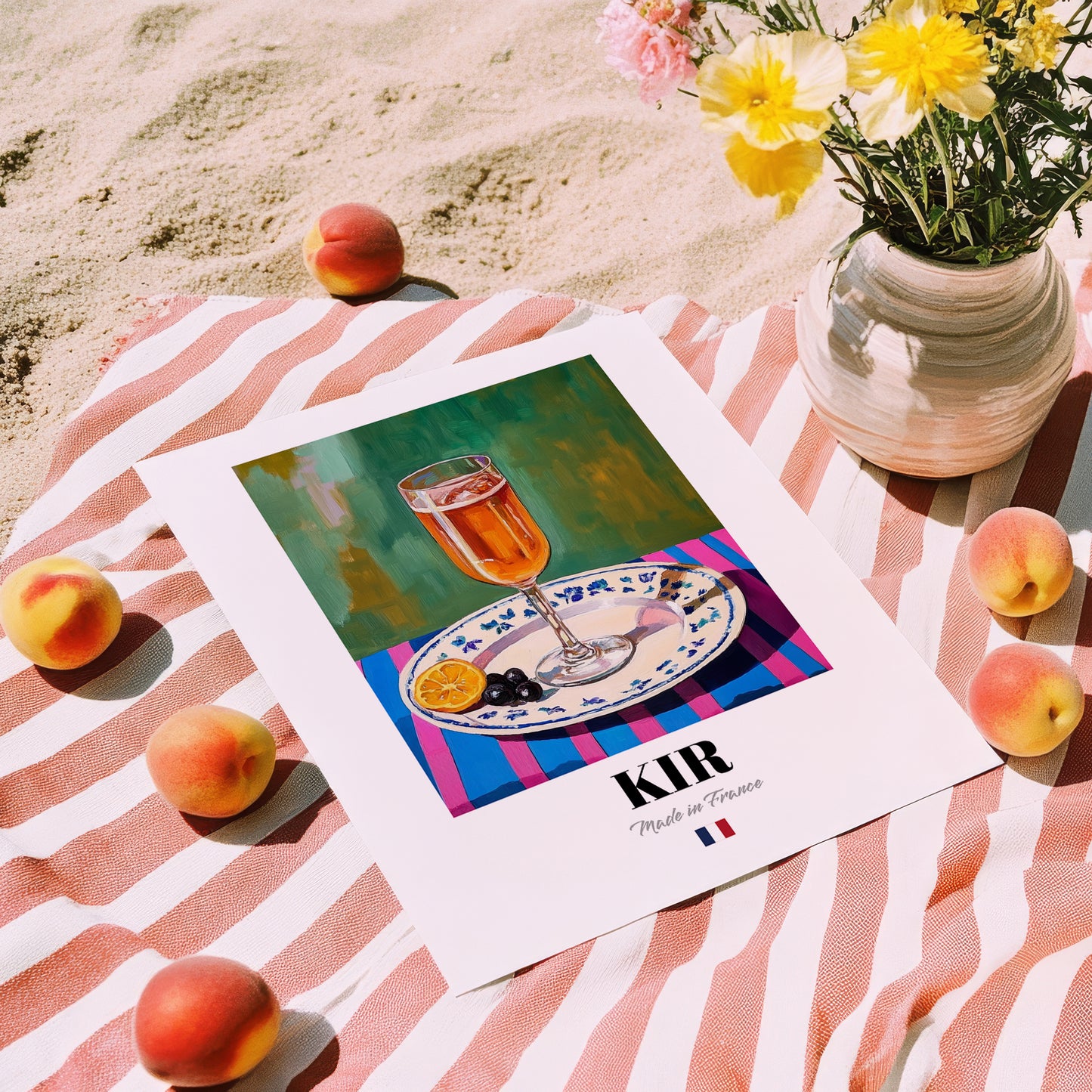 Kir – French Cocktail Drink, Sky Bar Illustration, unframed on coastal sand
