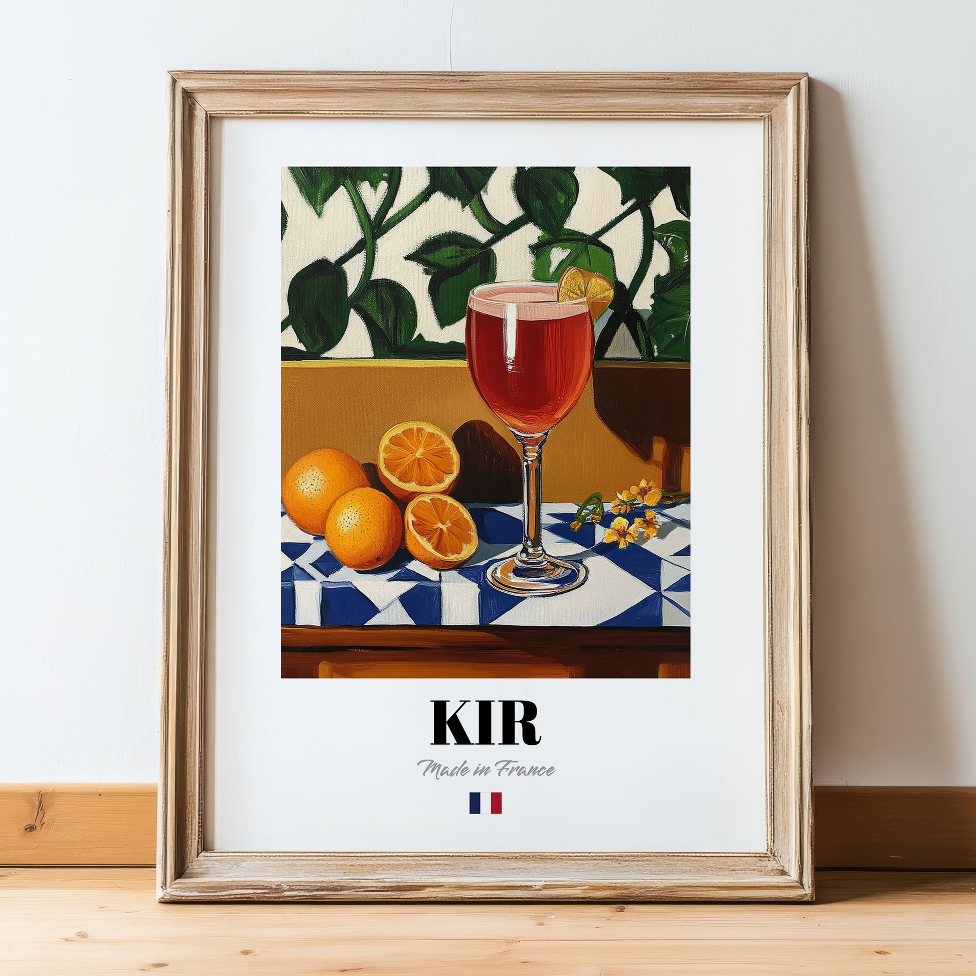 Kir – French Cocktail Drink, Hotel Lobby Poster, in wooden frame leaning on the floor