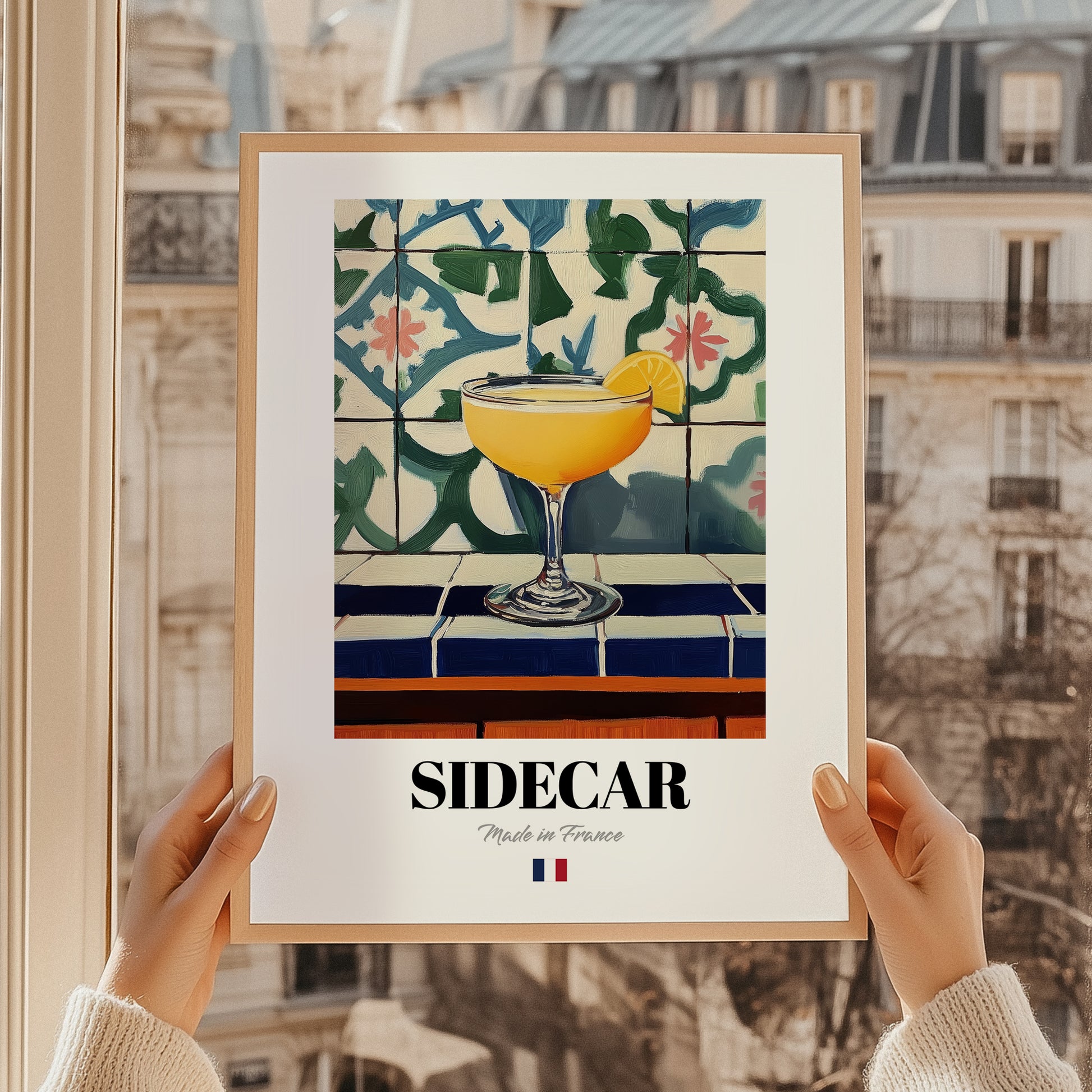 Sidecar – French Cocktail Drink, Beach Bar Print, styled in a charming Paris street view