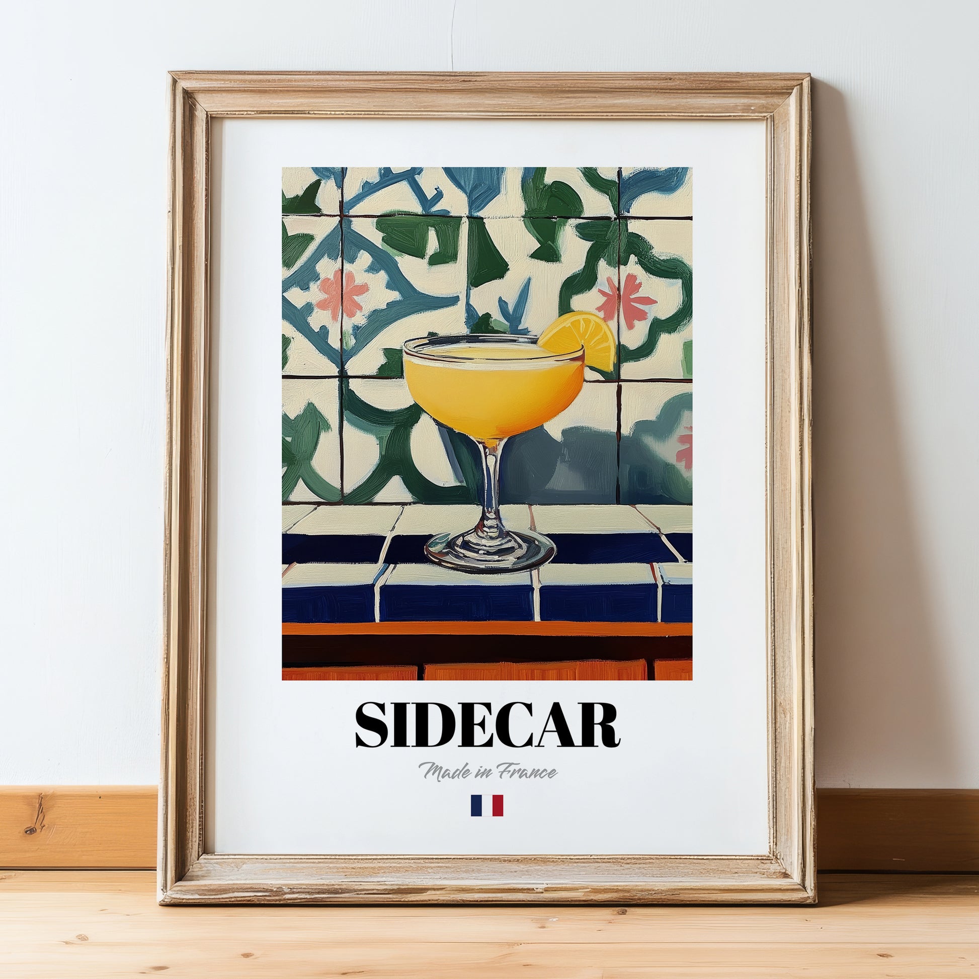 Sidecar – French Cocktail Drink, Beach Bar Print, in wooden frame leaning on the floor