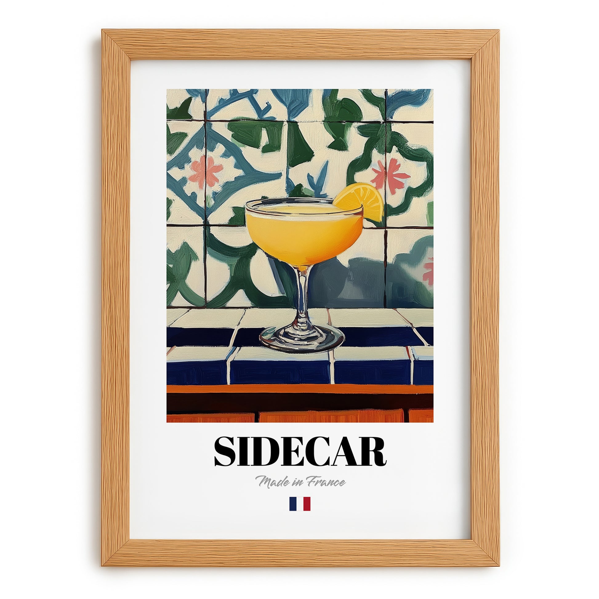 Sidecar – French Cocktail Drink, Beach Bar Print, set in oak frame