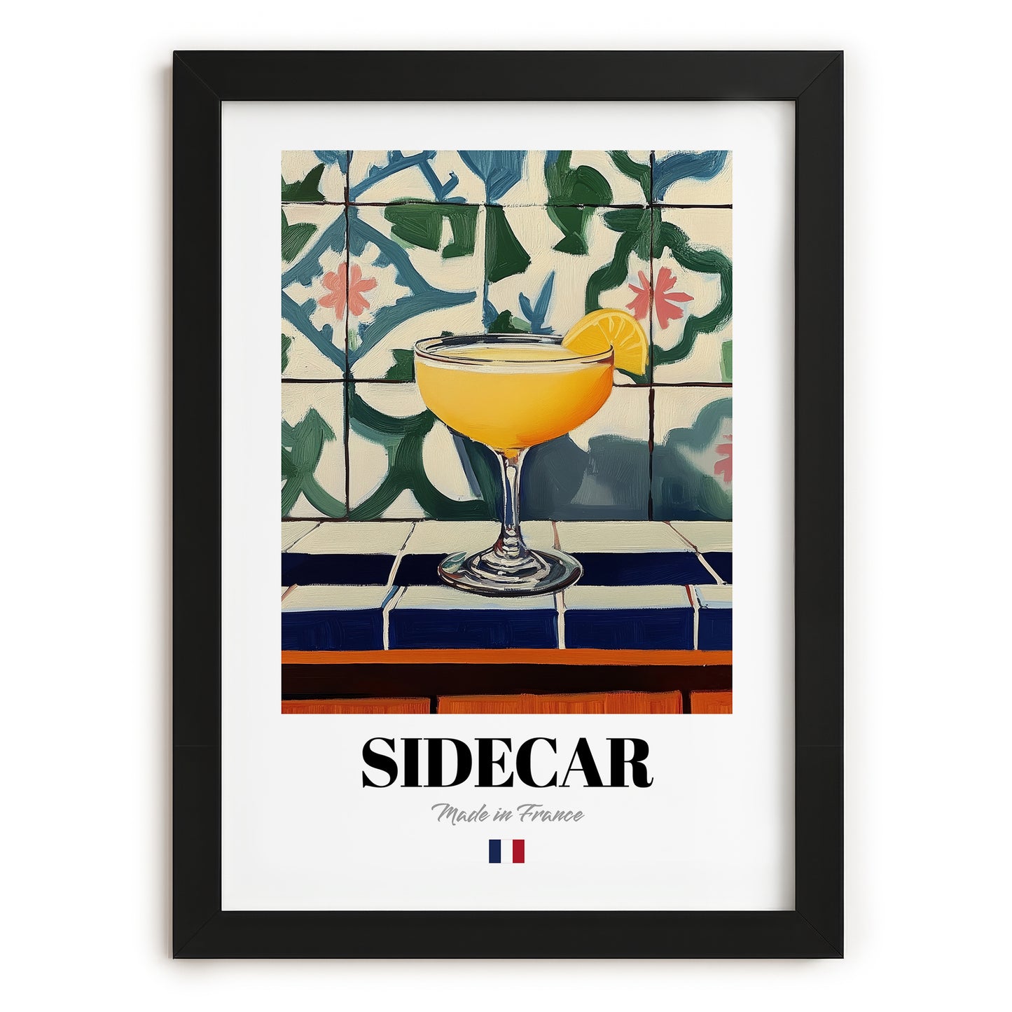 Sidecar – French Cocktail Drink, Beach Bar Print, in sleek black frame