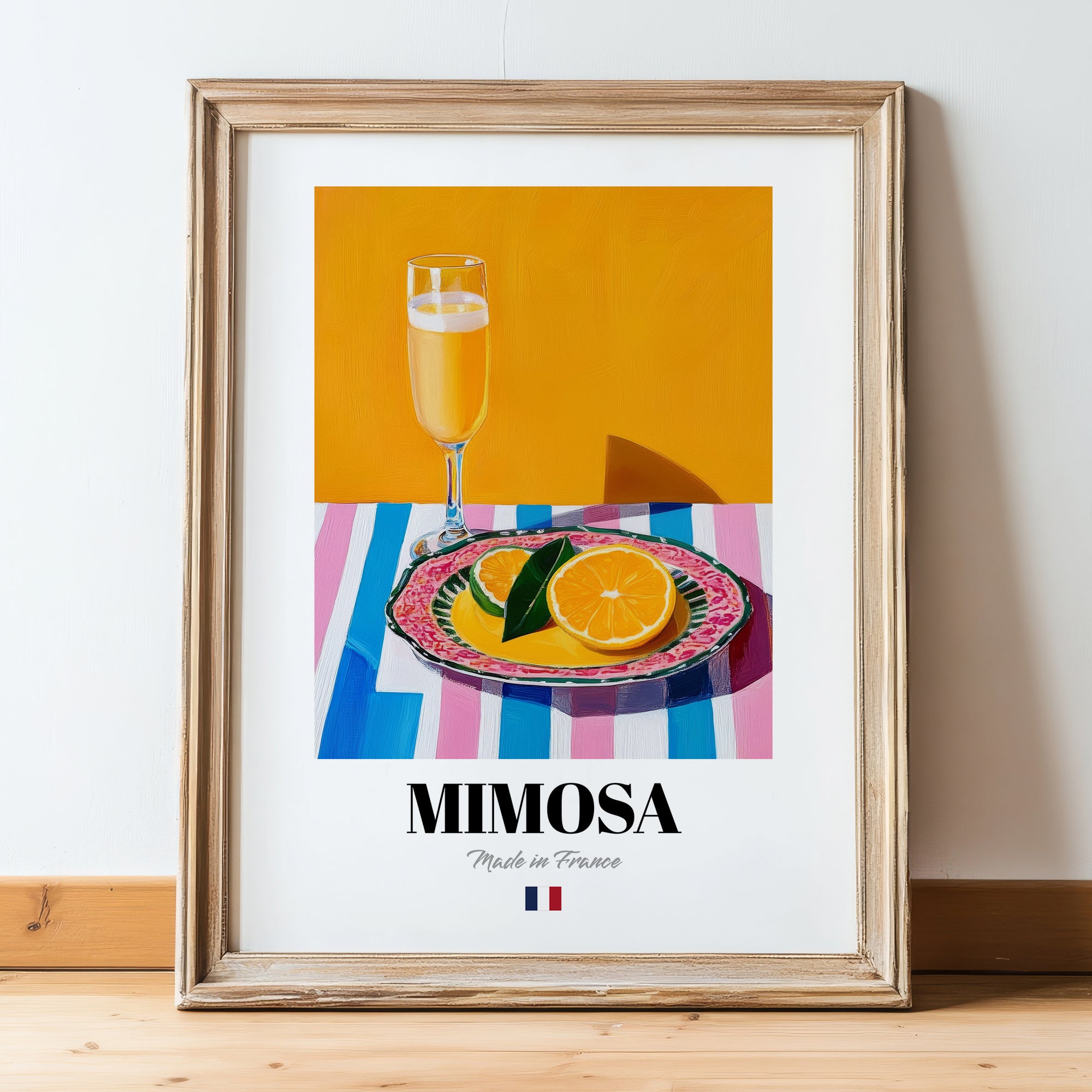 Mimosa – French Cocktail Drink, Cocktail Lounge Poster, in wooden frame leaning on the floor