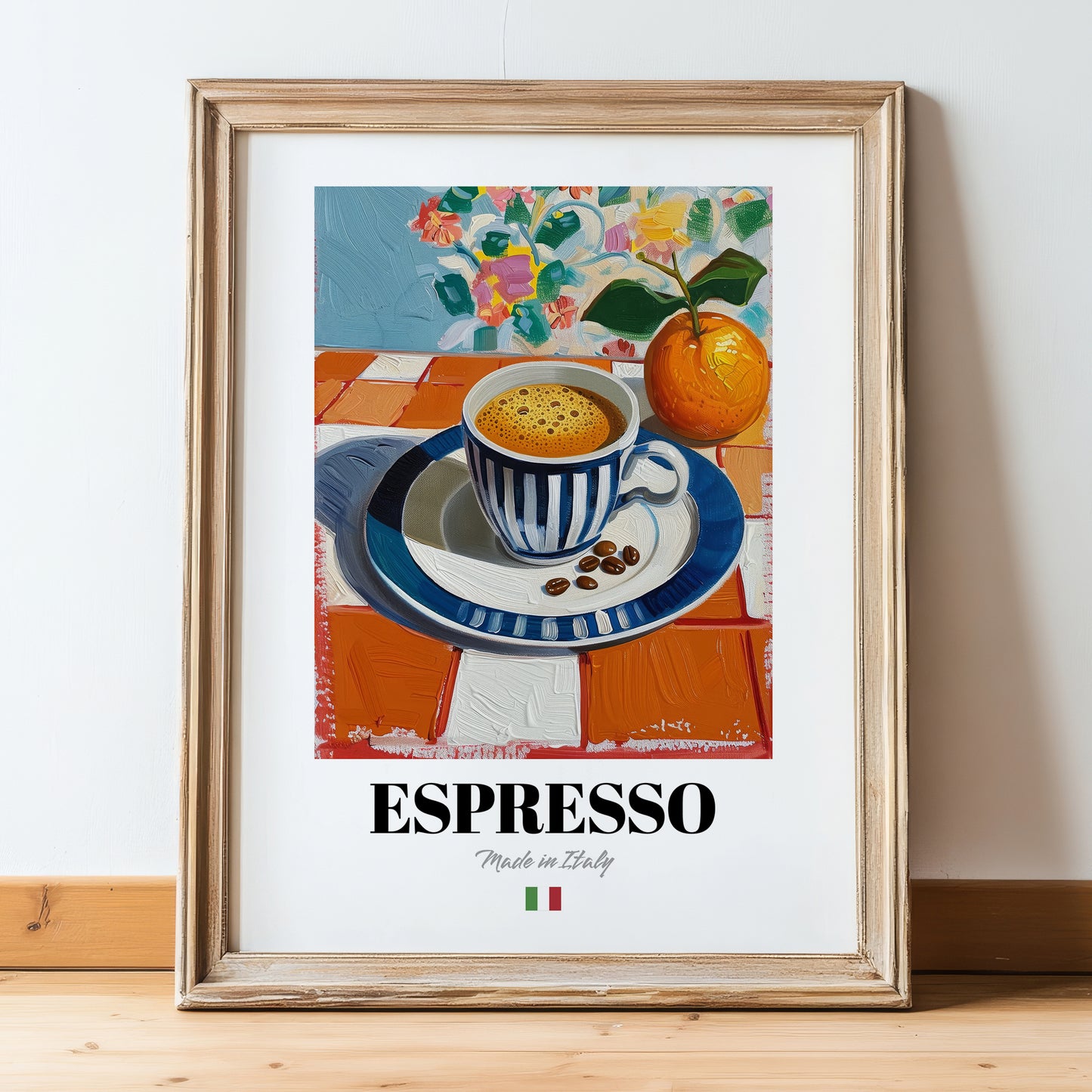 Espresso – Italian Coffee, Café Illustration, in wooden frame leaning on the floor