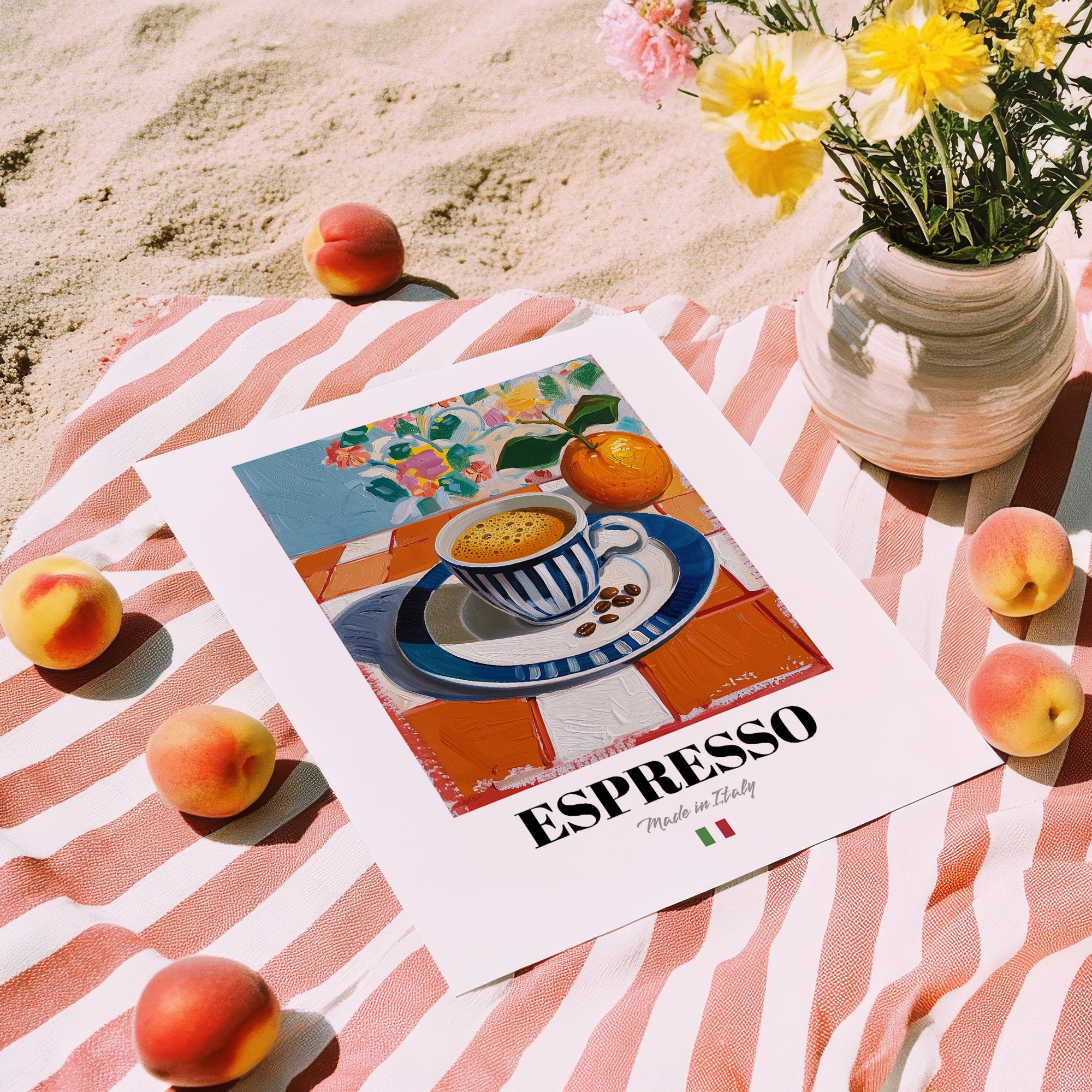 Espresso – Italian Coffee, Café Illustration, unframed on coastal sand
