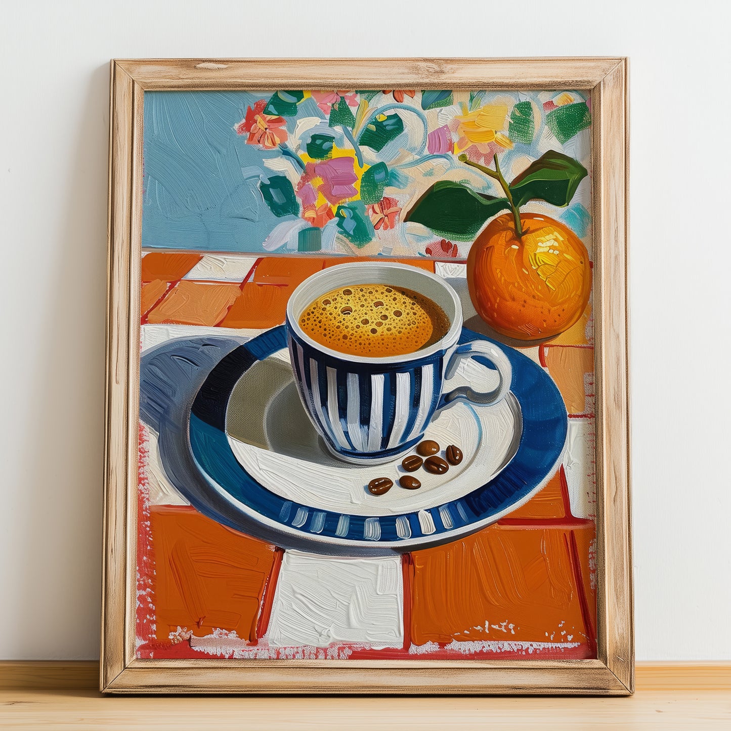Espresso – Italian Coffee, Café Illustration, no-text version framed in wood