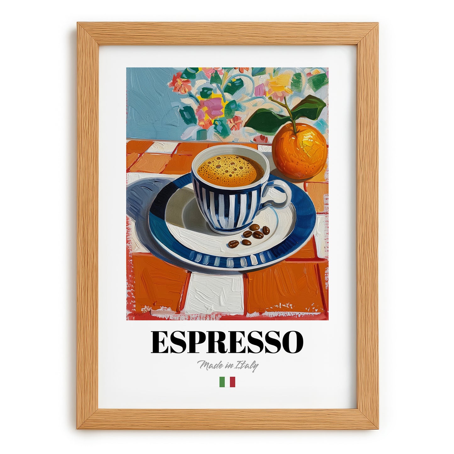 Espresso – Italian Coffee, Café Illustration, set in oak frame