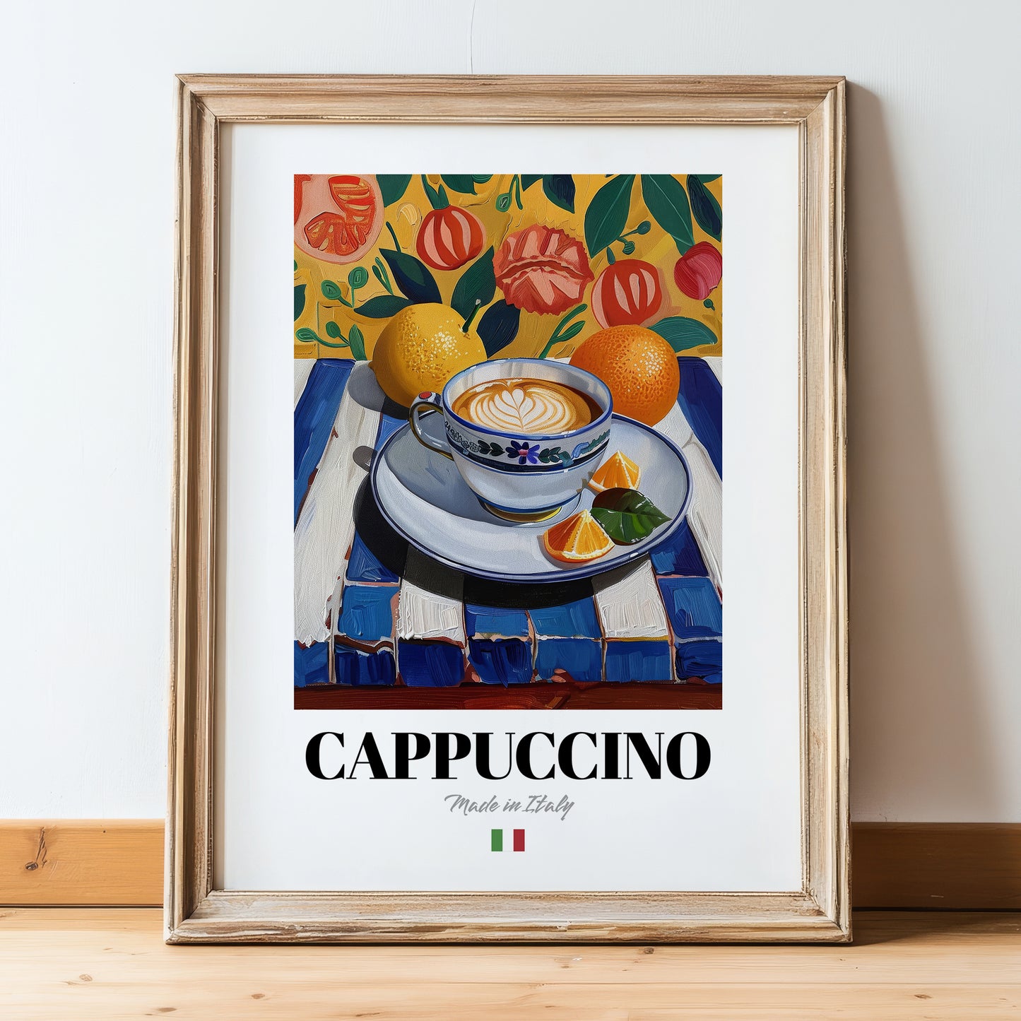 Cappuccino – Italian Coffee, Café Print, in wooden frame leaning on the floor