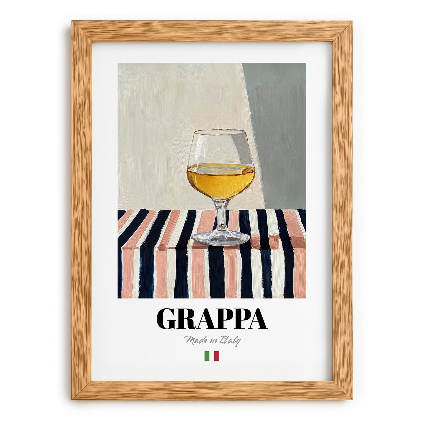 Grappa – Italian Spirit Drink, Rooftop Terrace Illustration, set in oak frame
