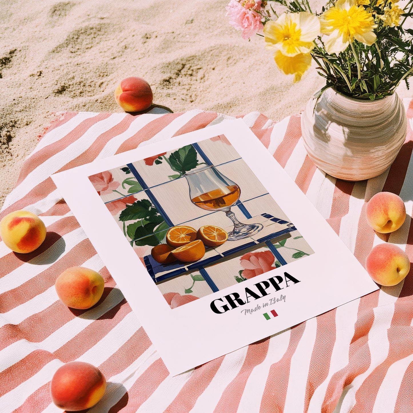 Grappa – Italian Spirit Drink, Hotel Lobby Wall Decor, unframed on coastal sand