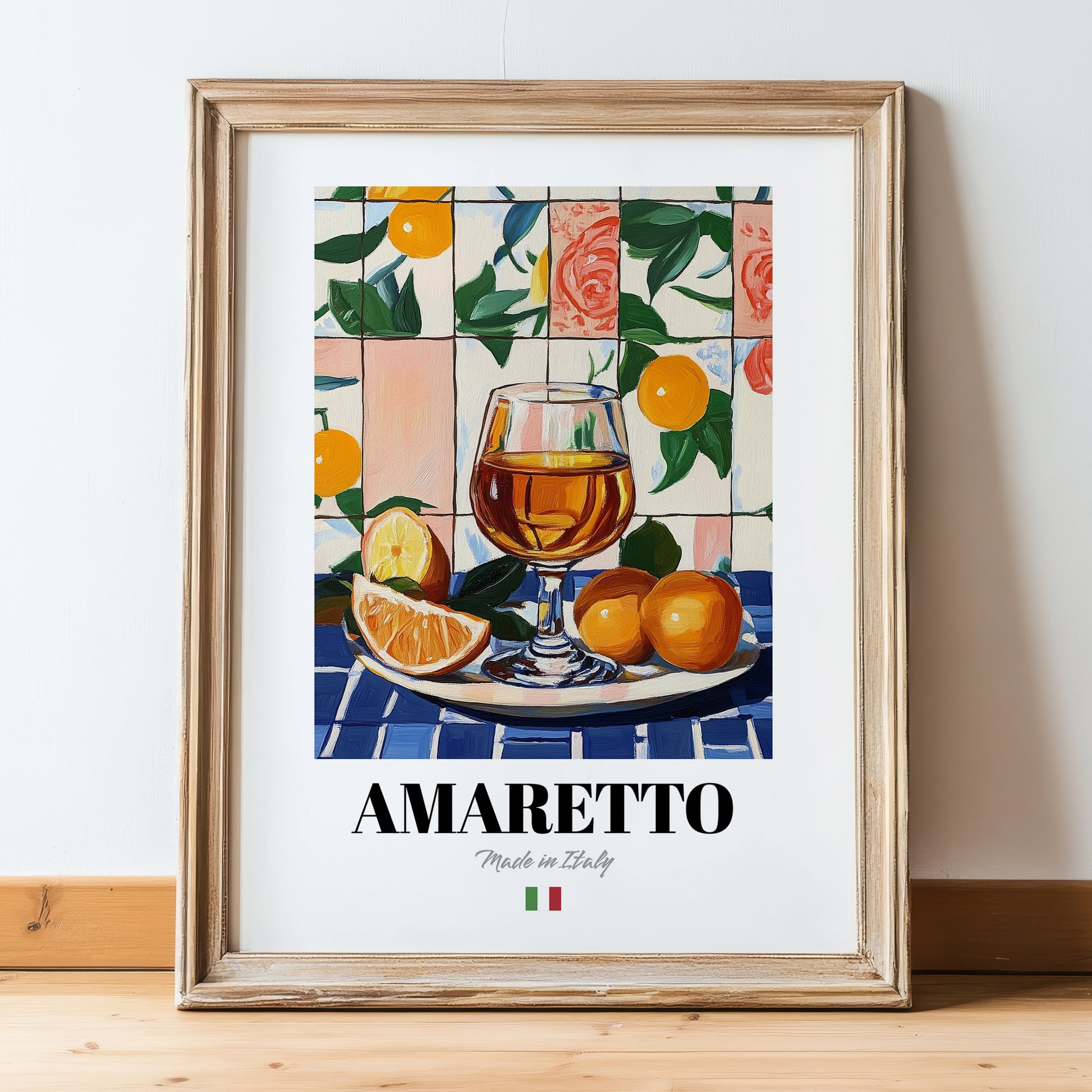 Amaretto – Italian Liqueur Drink, Hotel Lobby Poster, in wooden frame leaning on the floor