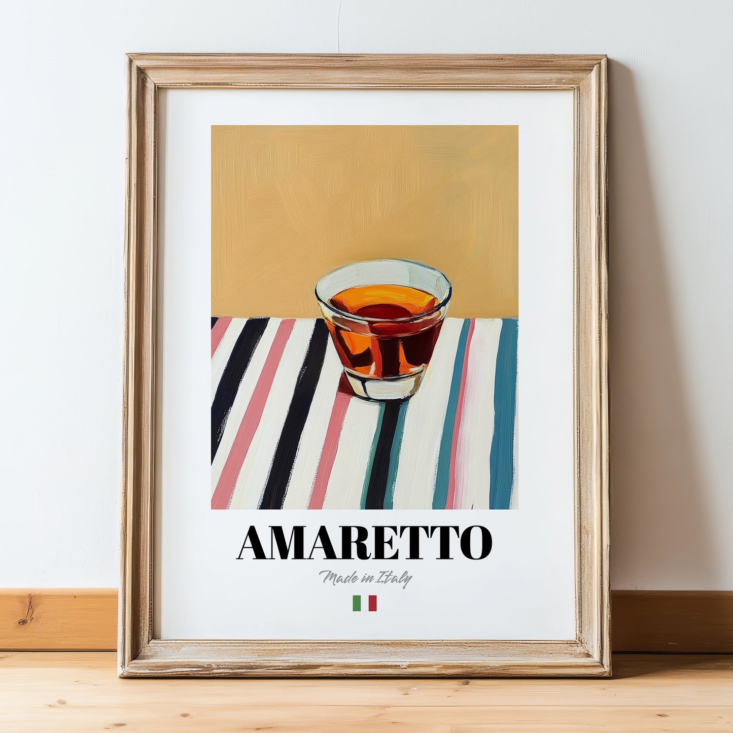 Amaretto – Italian Liqueur Drink, Cocktail Lounge Wall Art, in wooden frame leaning on the floor