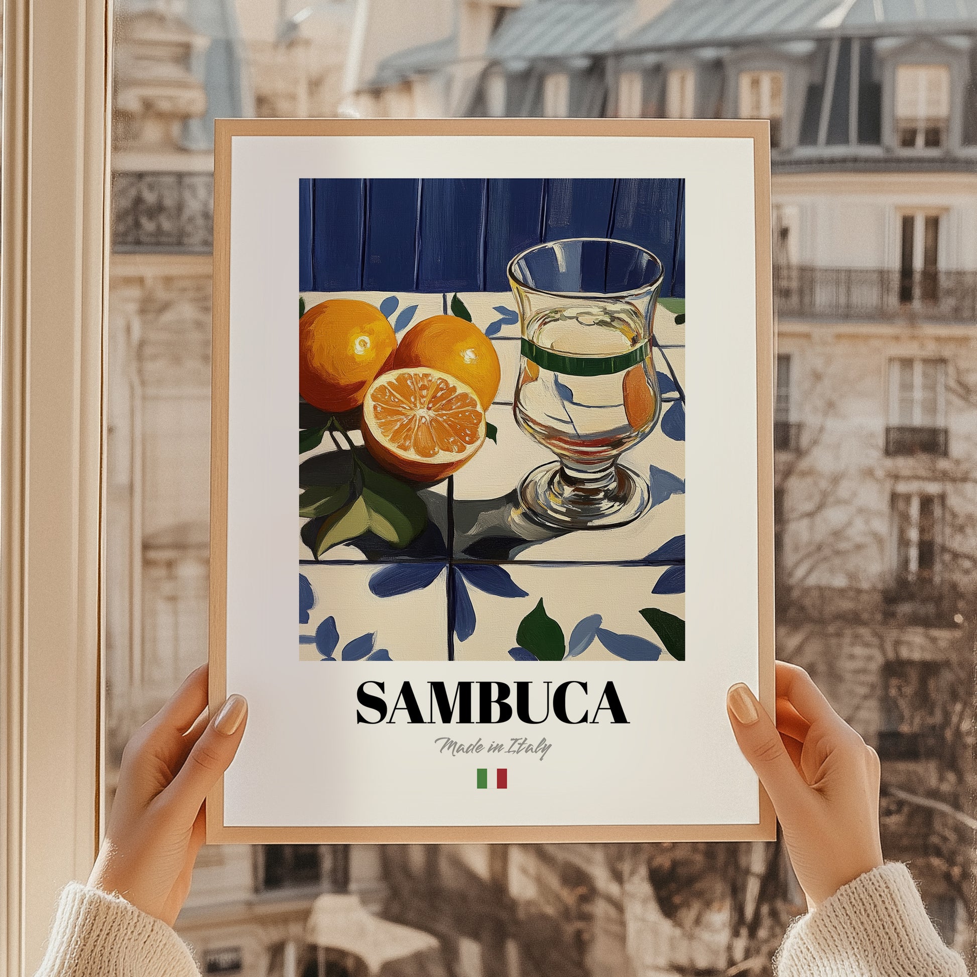Sambuca – Italian Liqueur Drink, Beach Bar Poster, styled in a charming Paris street view